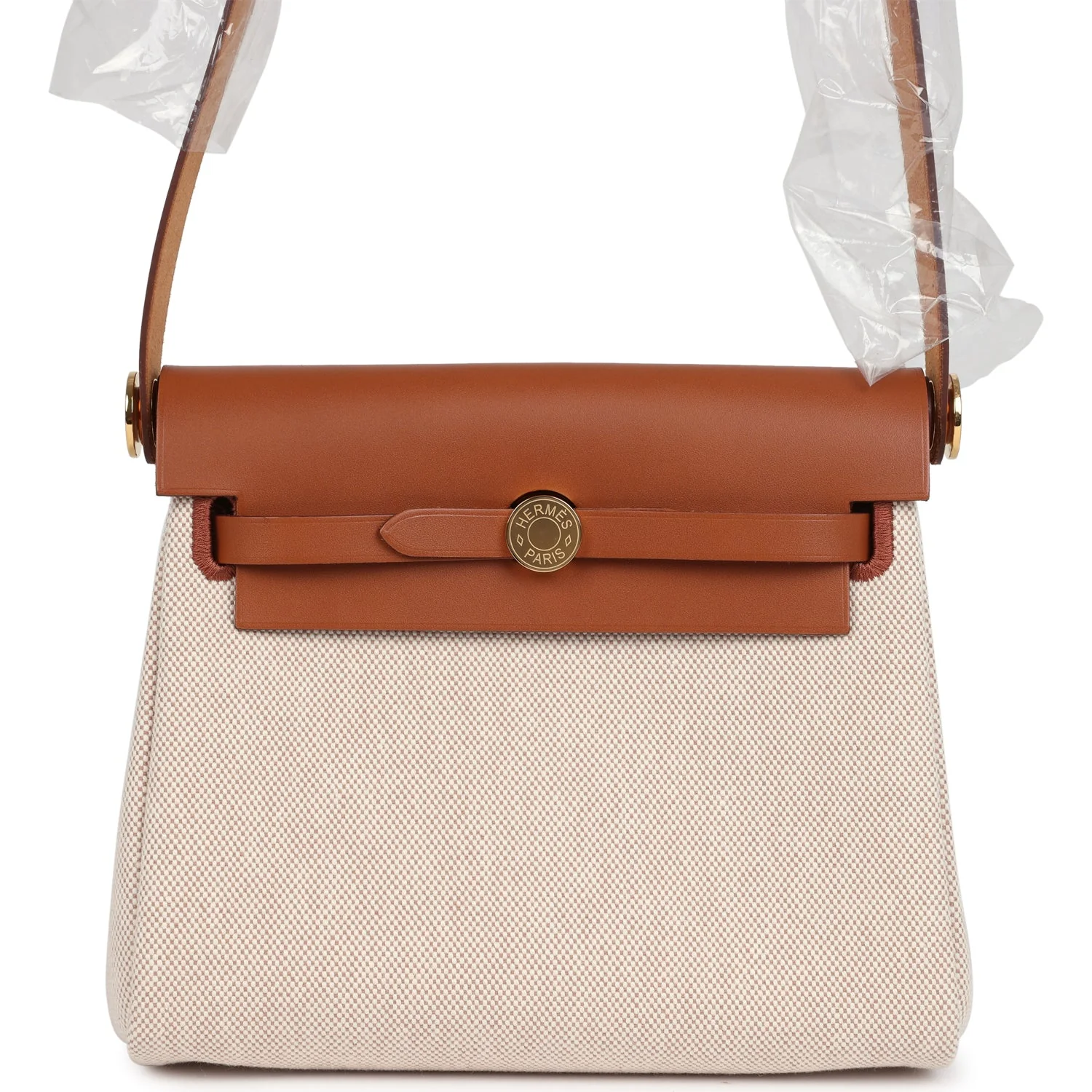 Hermes Herbag Zip 20 Mini Ecru and Beige Toile H Canvas and Fauve Vache Hunter Gold Hardware