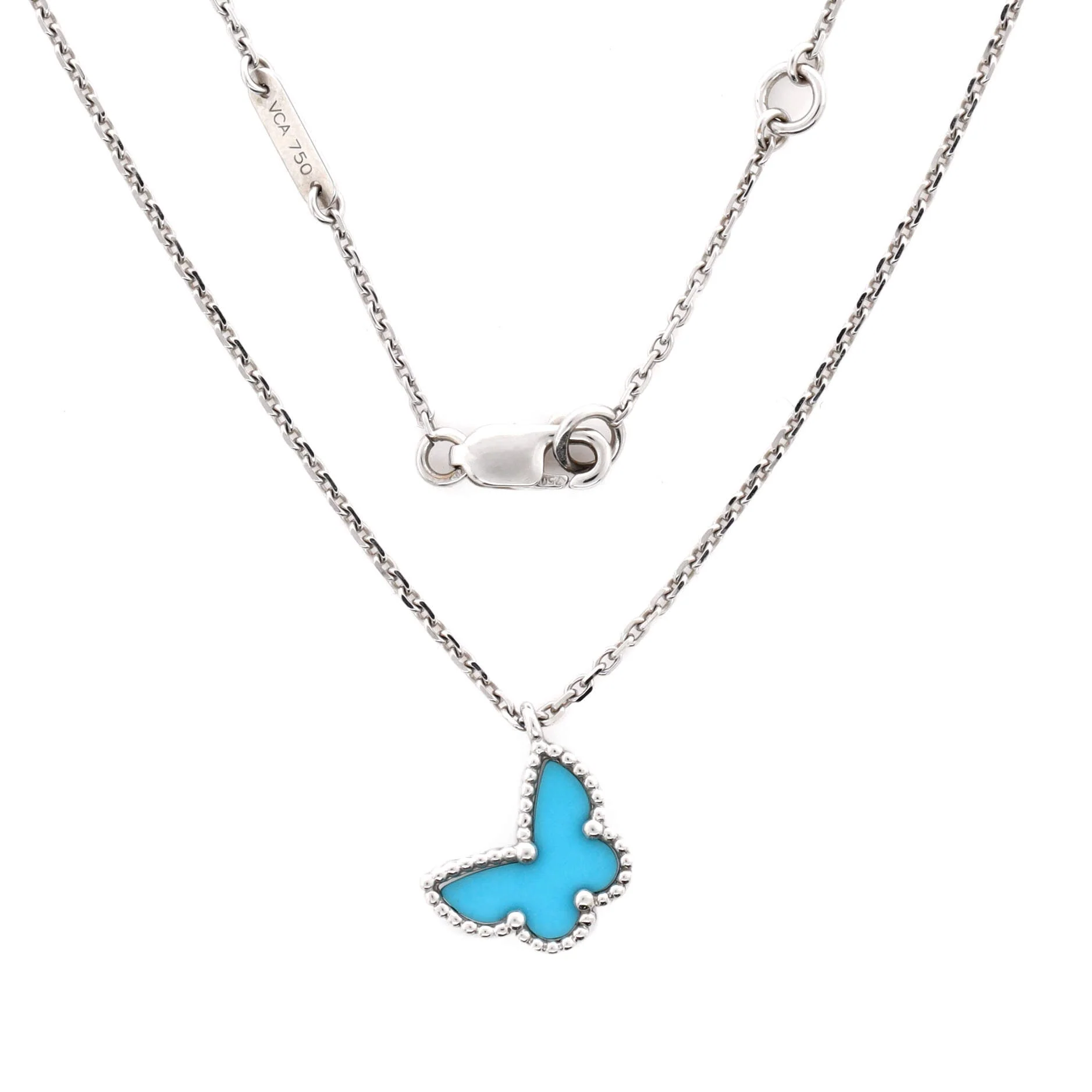 Sweet Alhambra Butterfly Pendant Necklace 18K White Gold with Turquoise