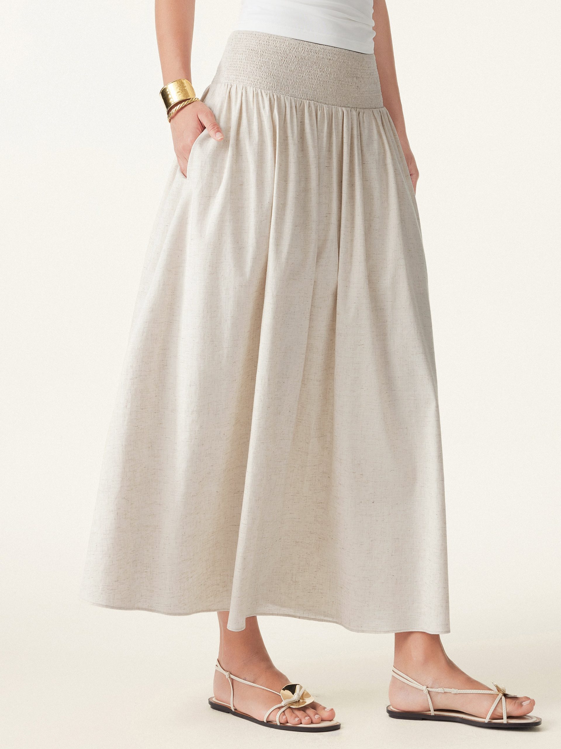 European Linen Smocked Waist Skirt with Pockets