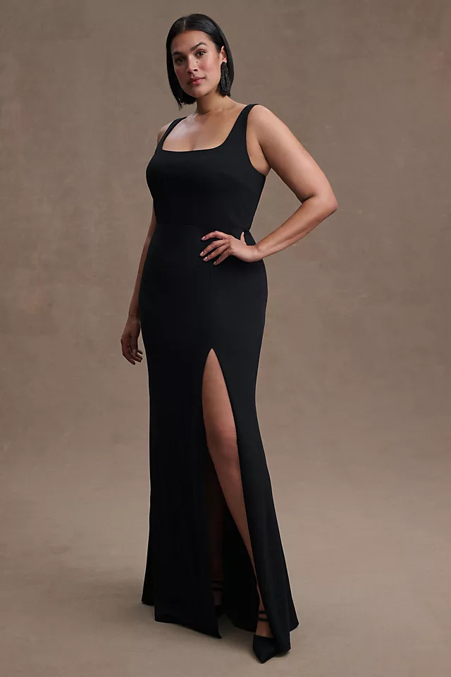 Ashlynn Square-Neck Crepe Side-Slit Gown BLACK