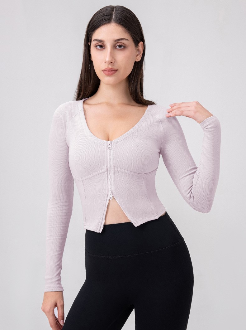 Double-zippered sports top, slim fit, yoga wear, tight-fitting, breathable, suitable for running, Pilates training, and fitness.