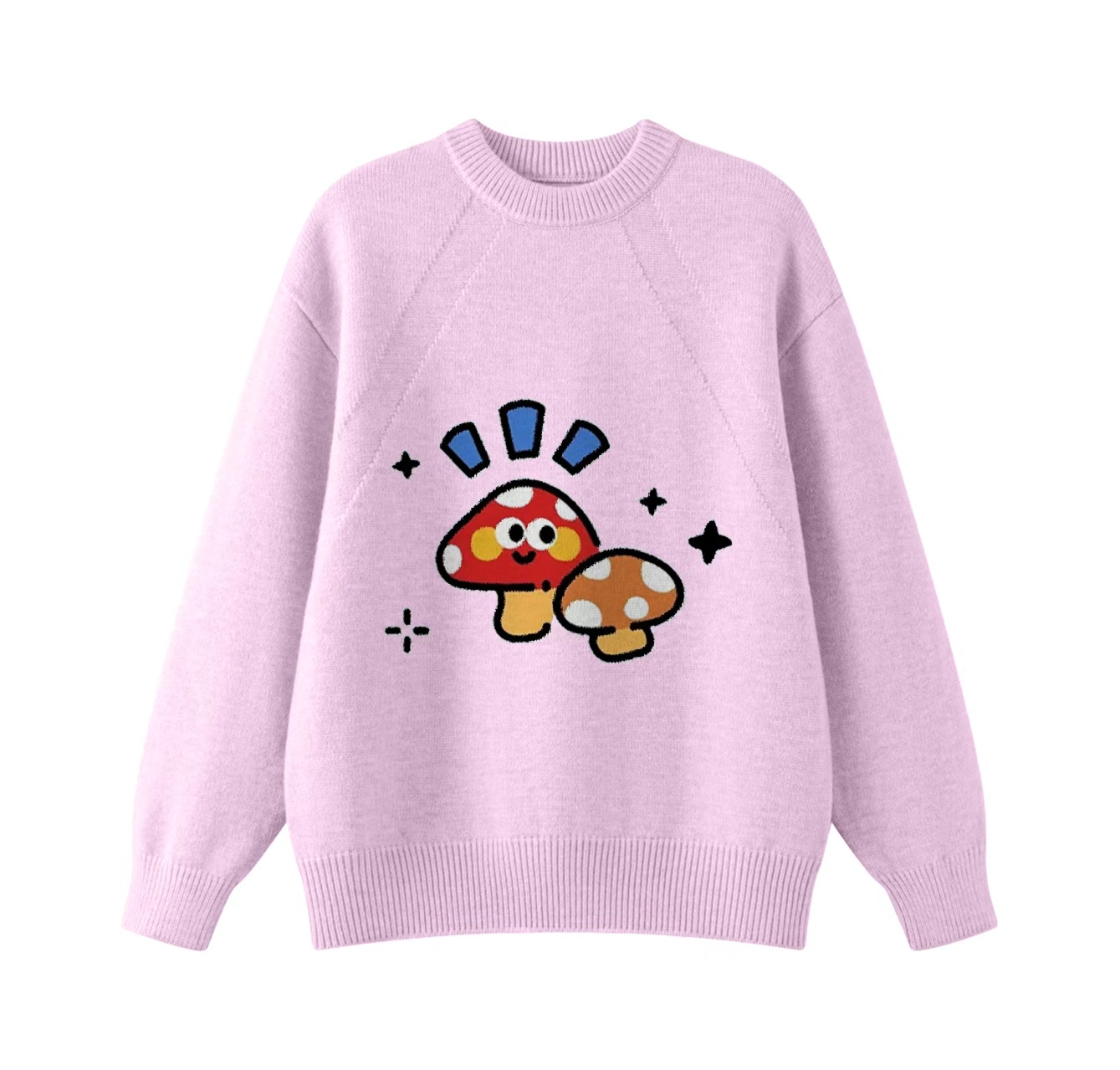 This adorable knit sweater, featuring a two-mushroom pattern and a crew neck pullover design, is an ideal choice for winter wear.