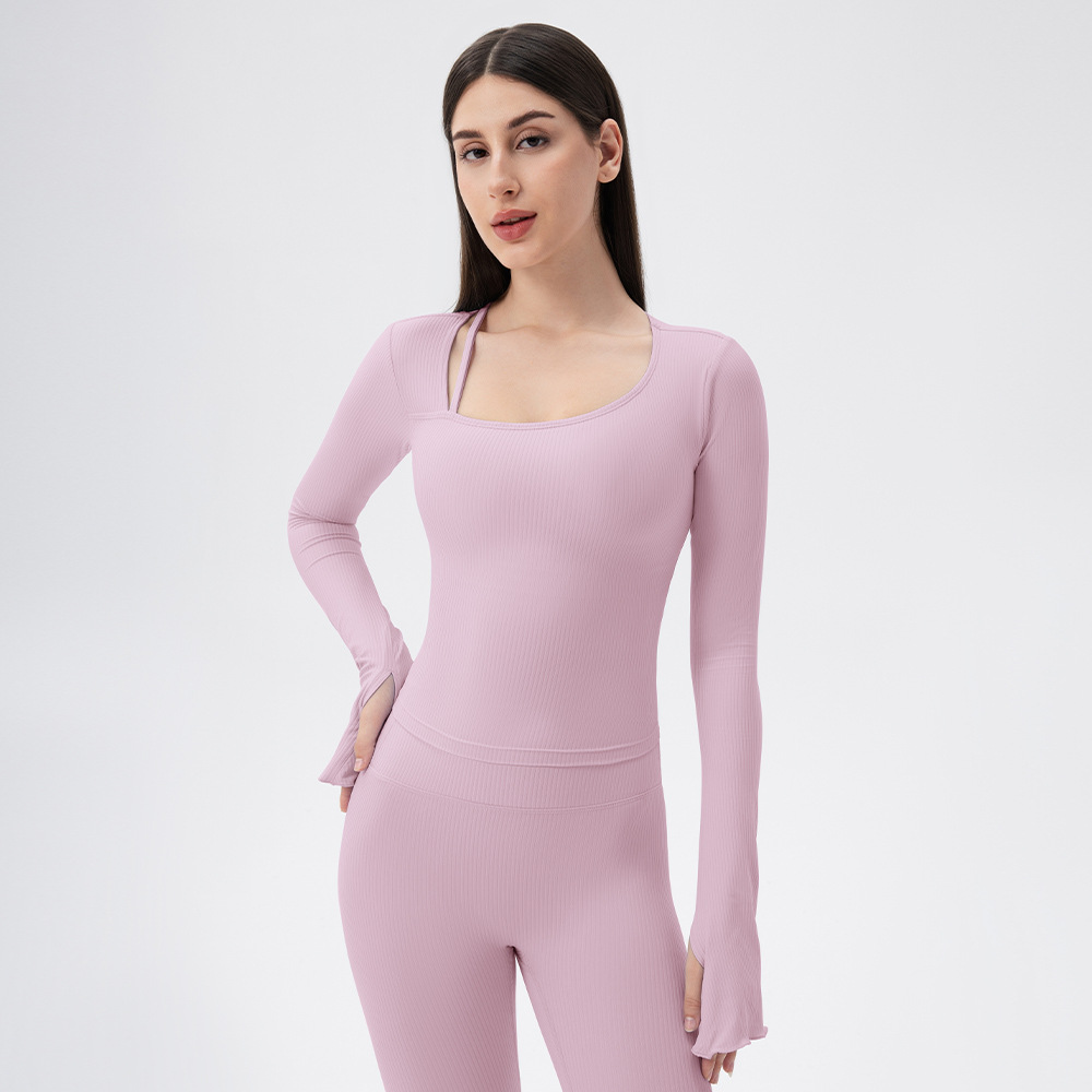 Women's long-sleeved yoga top with padded bra, nude ribbed design, slimming, quick-drying, suitable for running, sports, and fitness.