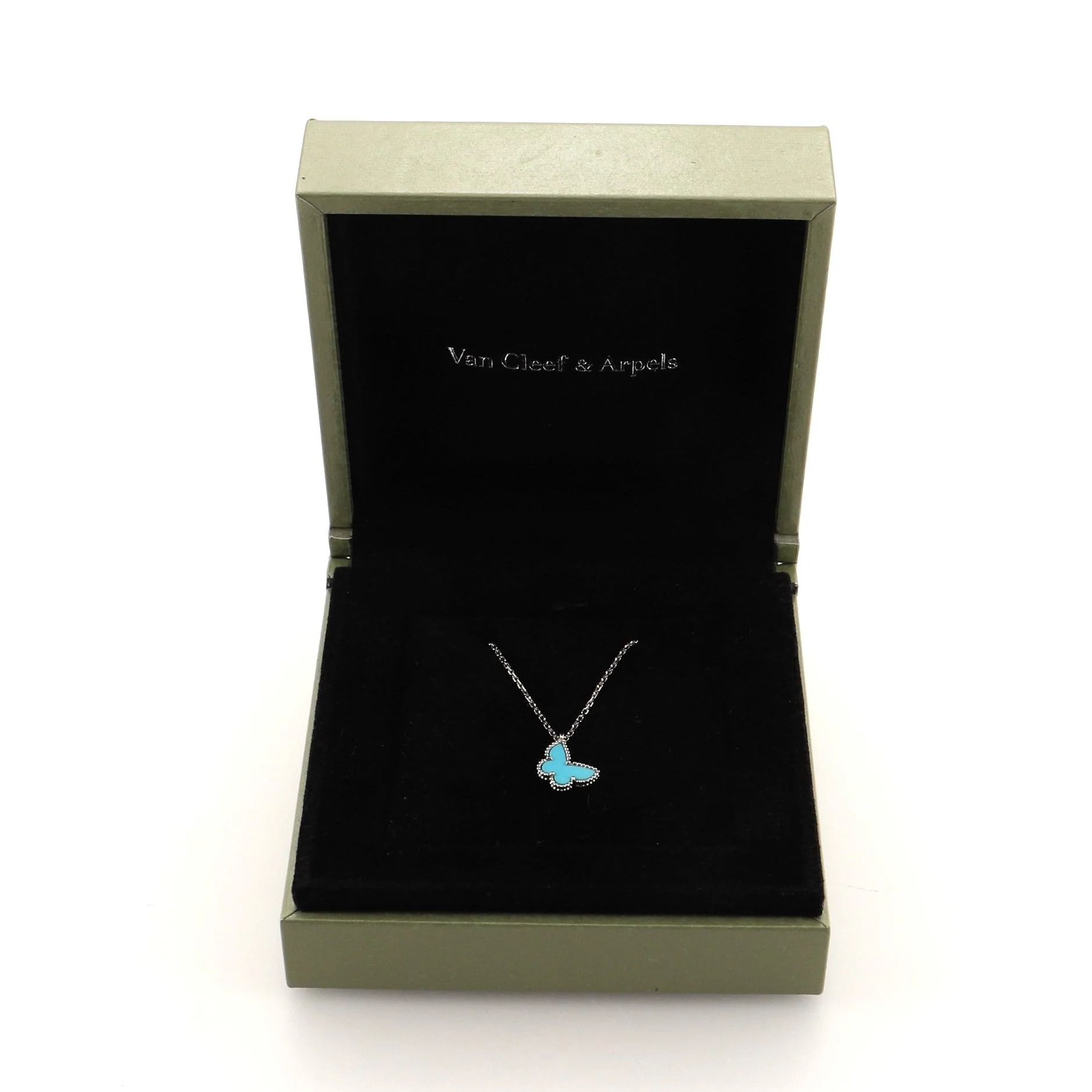 Sweet Alhambra Butterfly Pendant 18K White Gold and Turquoise Necklace