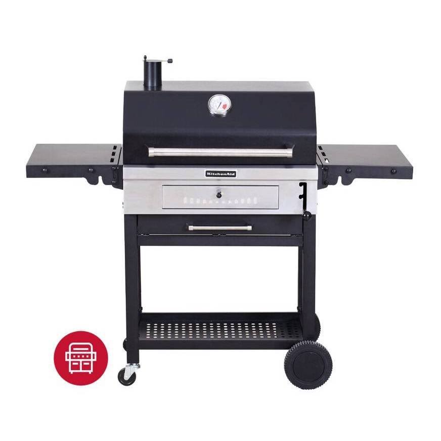 KitchenAid 30x22 Cart-Style Charcoal Grill with Foldable Side Shelves 810-0021CO - Black