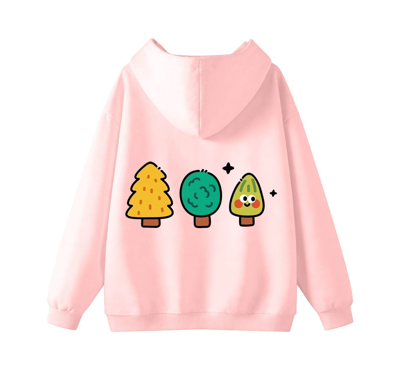 This adorable hooded sweatshirt features a three-tree print and is a casual pullover. Its stand-up collar also makes it an ideal choice for winter wear.