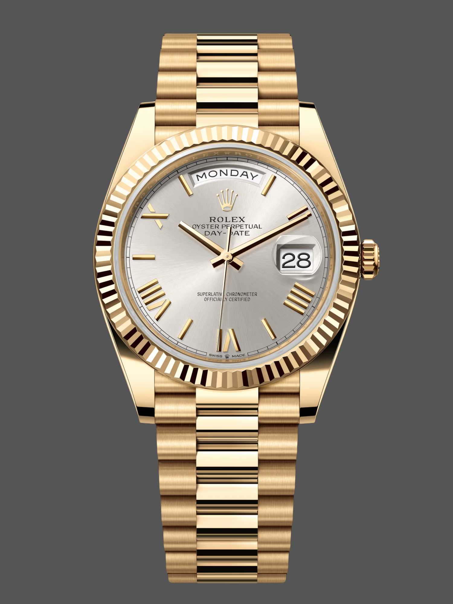 Rolex Day-Date 228238 Silver Roman Dial Fluted Bezel 40mm Mens Replica Watch