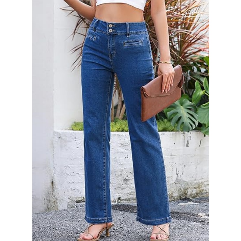 Women's High Waisted Stretchy Straight Leg Jeans, Trendy Loose Wide Leg Denim Pants with Pockets