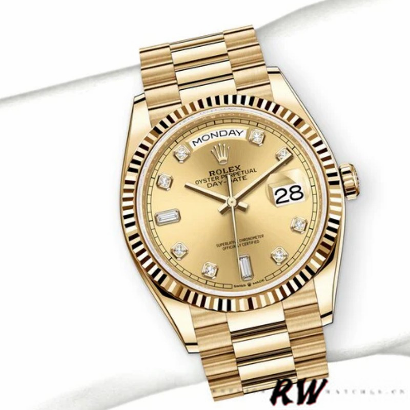 Rolex Day-Date 128238 0008 Fluted Bezel Champagne Diamond Dial 36MM Unisex Replica Watch
