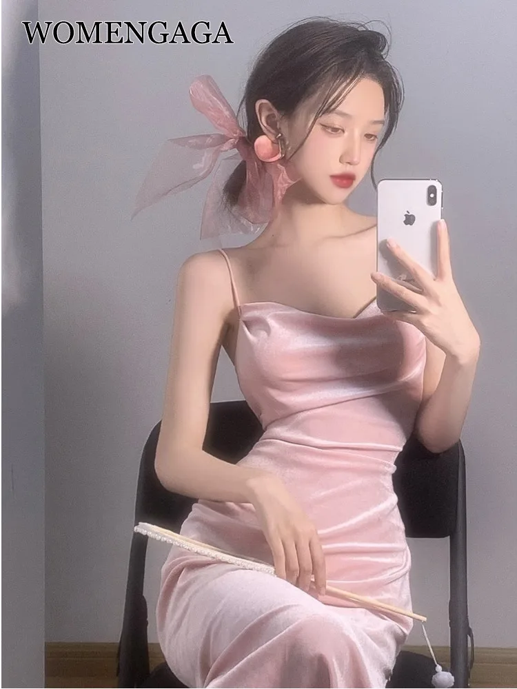 2022 Summer Hot Sexy Bright Pink Maxi Dress Long Tank Camisole Robe Low Cut Hot Sexy Korean Women Robe Sweet O8EY