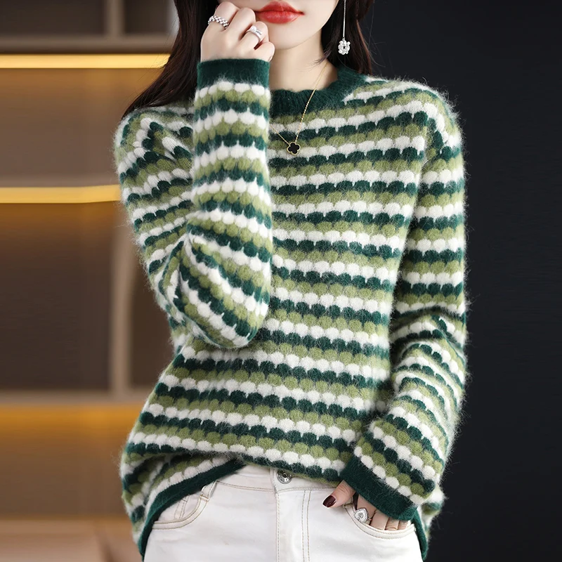 Autumn Winter Women Mink Cashmere Sweater Rainbow O-Neck Loose Pullover Fashion Casual Knit Cashmere Sweater Bottoming