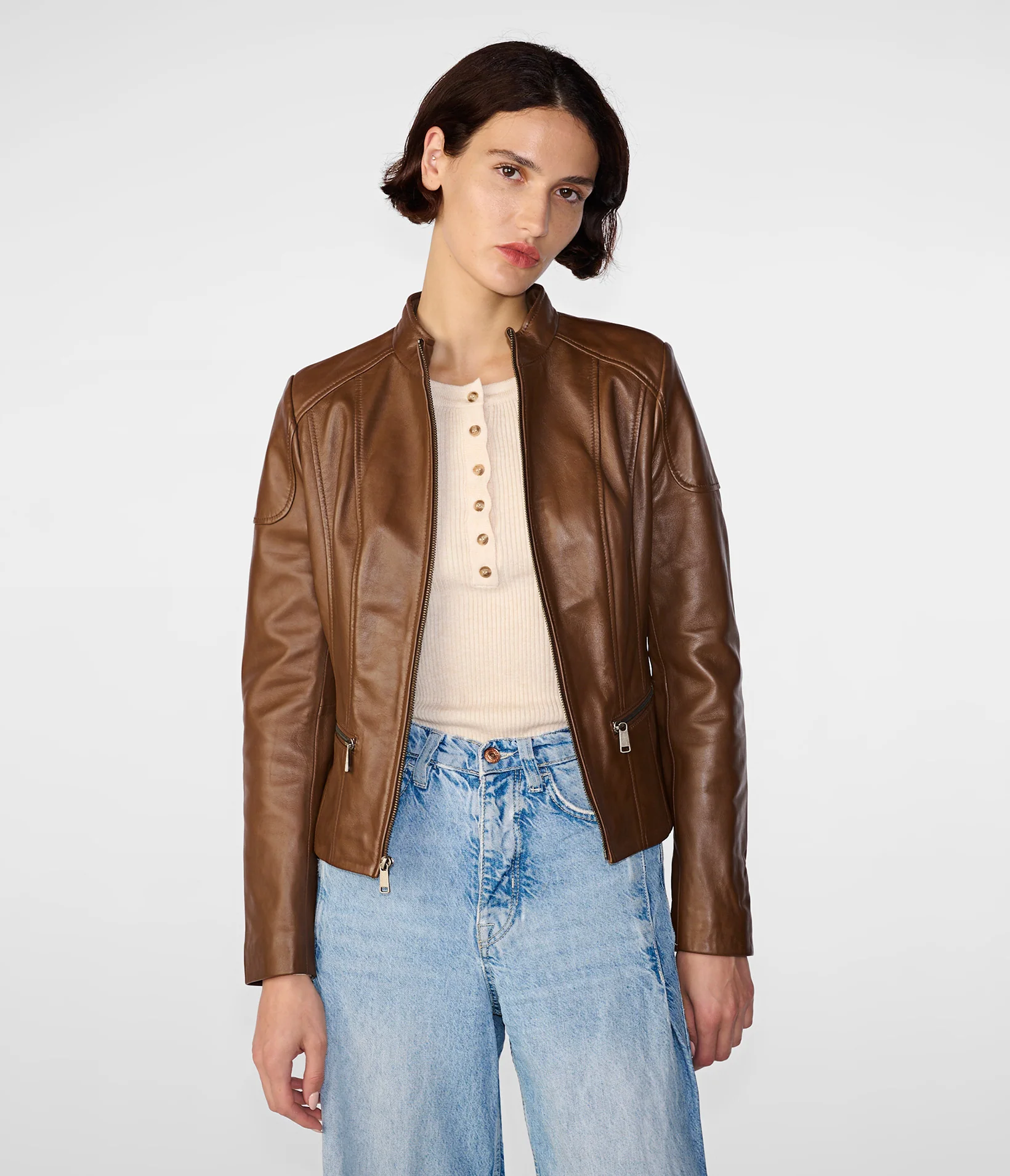 Scuba Fabric Faux Leather Short Fashion Jacket