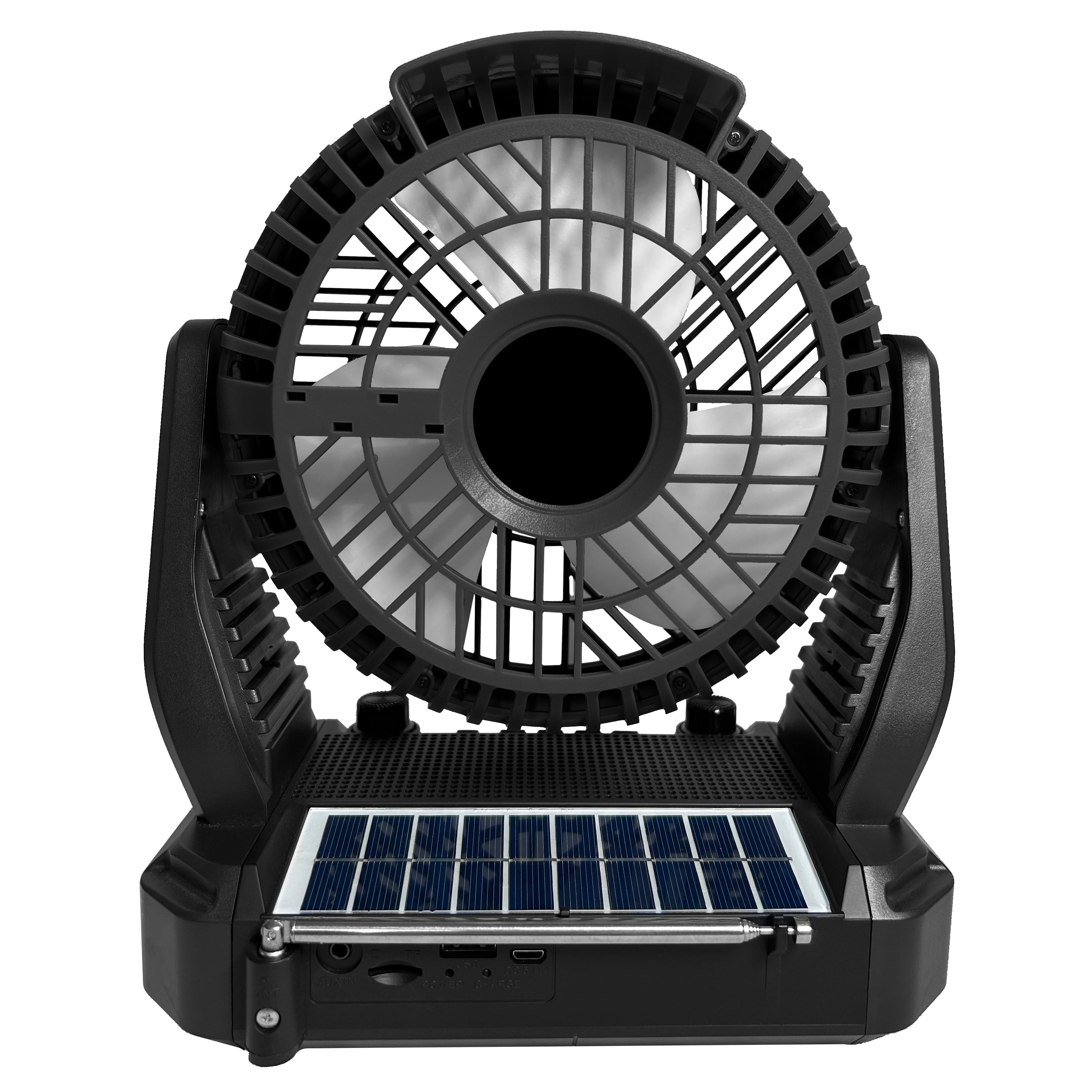 Solar Power 3-Speed Fan with Bluetooth Speaker, FM Radio, & Lamp