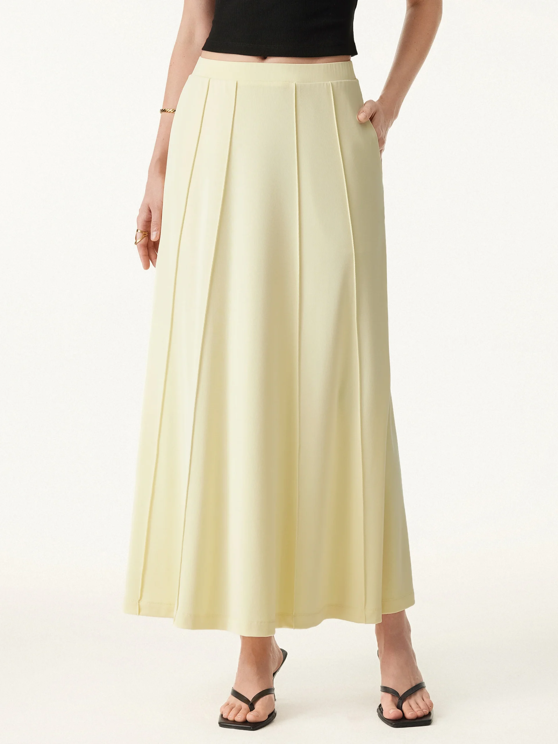 Mid Rise A-line Pintucks Pull-on Maxi Skirt