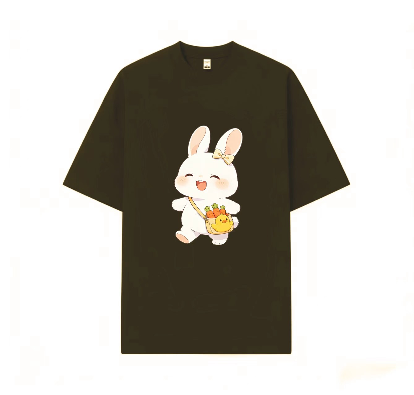 A cute and adorable short-sleeved shirt with a smiling rabbit print – a must-have for summer outfits.