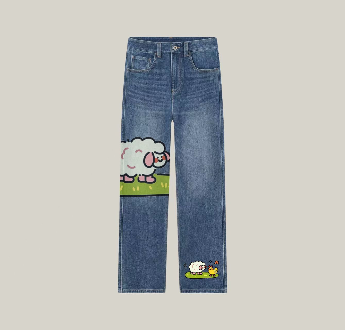 A pair of jeans featuring cute little sheep and chick patterns—a wardrobe essential.