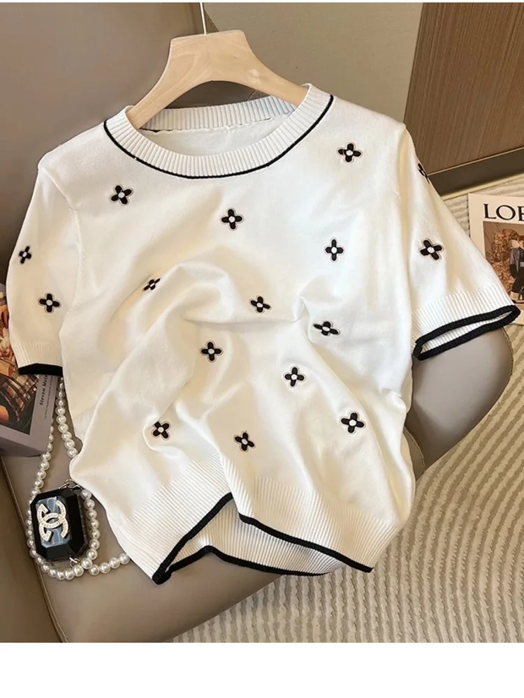 2026 Ice Silk Knitwear Women’s Pullover Summer New Loose Versatile Slim Fashion Round Neck Short Sleeve Sweater Jumper Top Mujer