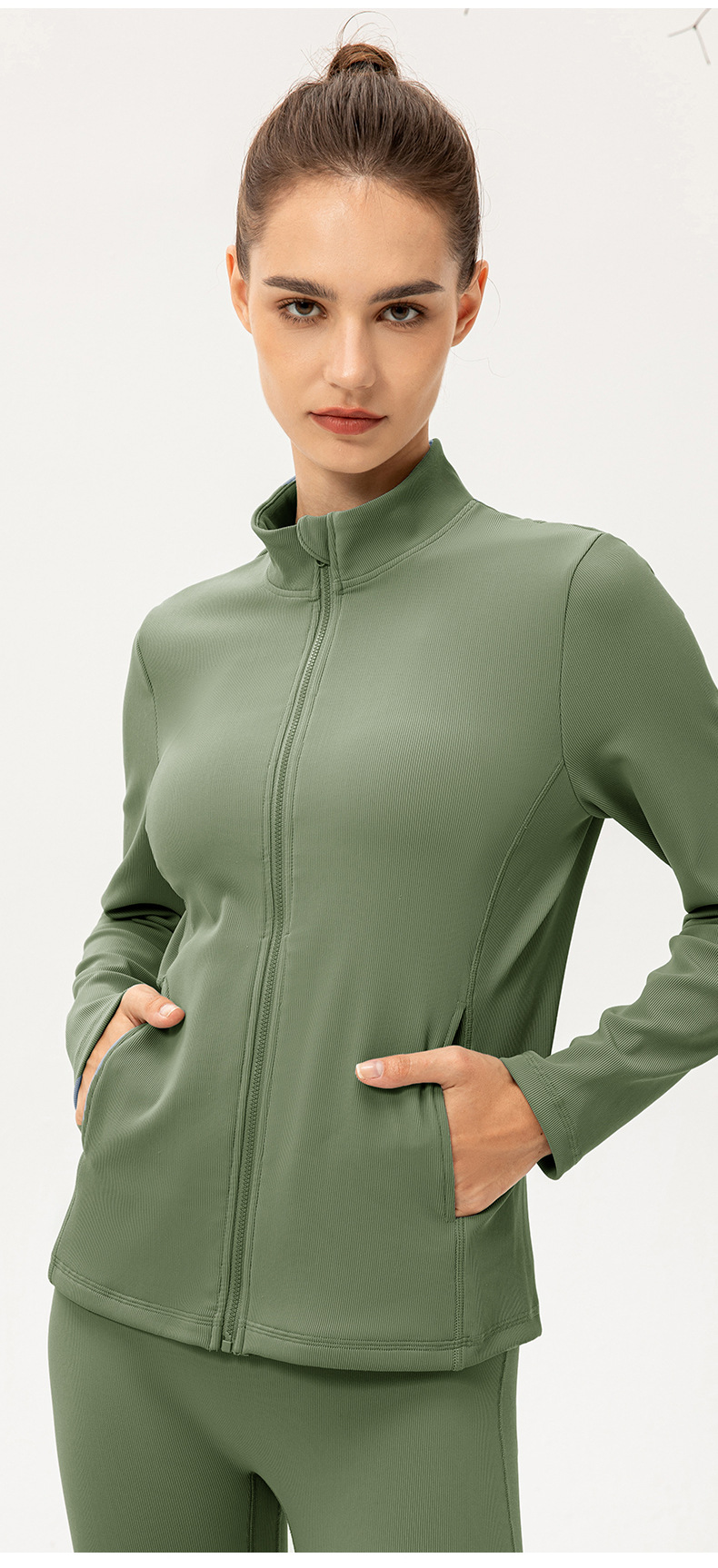 Women's Autumn/Winter Fleece-Lined Yoga Jacket, Slim Fit Striped Ribbed Warm Zipper Sportswear for Running and Fitness