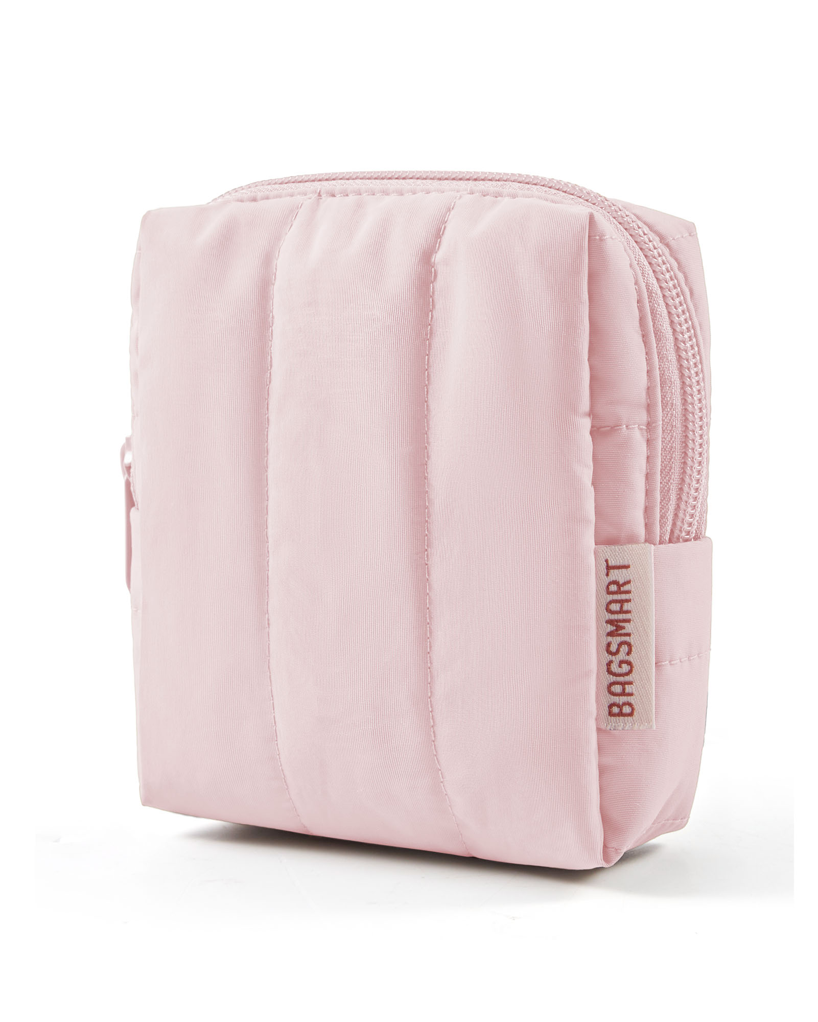 BAGSMART Small Travel Makeup Bag for Purse Toiletry Pouch, Puffy Padded Mini Cosmetics Bag, Cute Make Up Pouch for Women with Slip-in Pocket, Travel Essentials for Toiletries, Pink