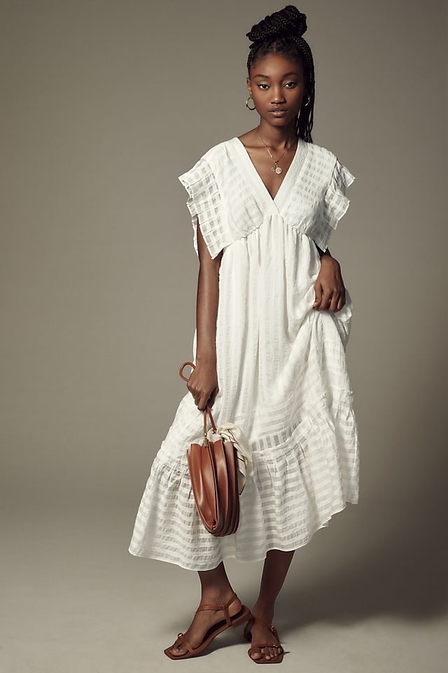 V-Neck Ruffled Tiered Babydoll Dress WHITE