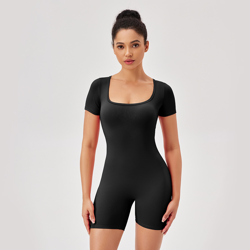 European and American style women's nude yoga bodysuit, square neck, tight-fitting, quick-drying fitness sports bodysuit