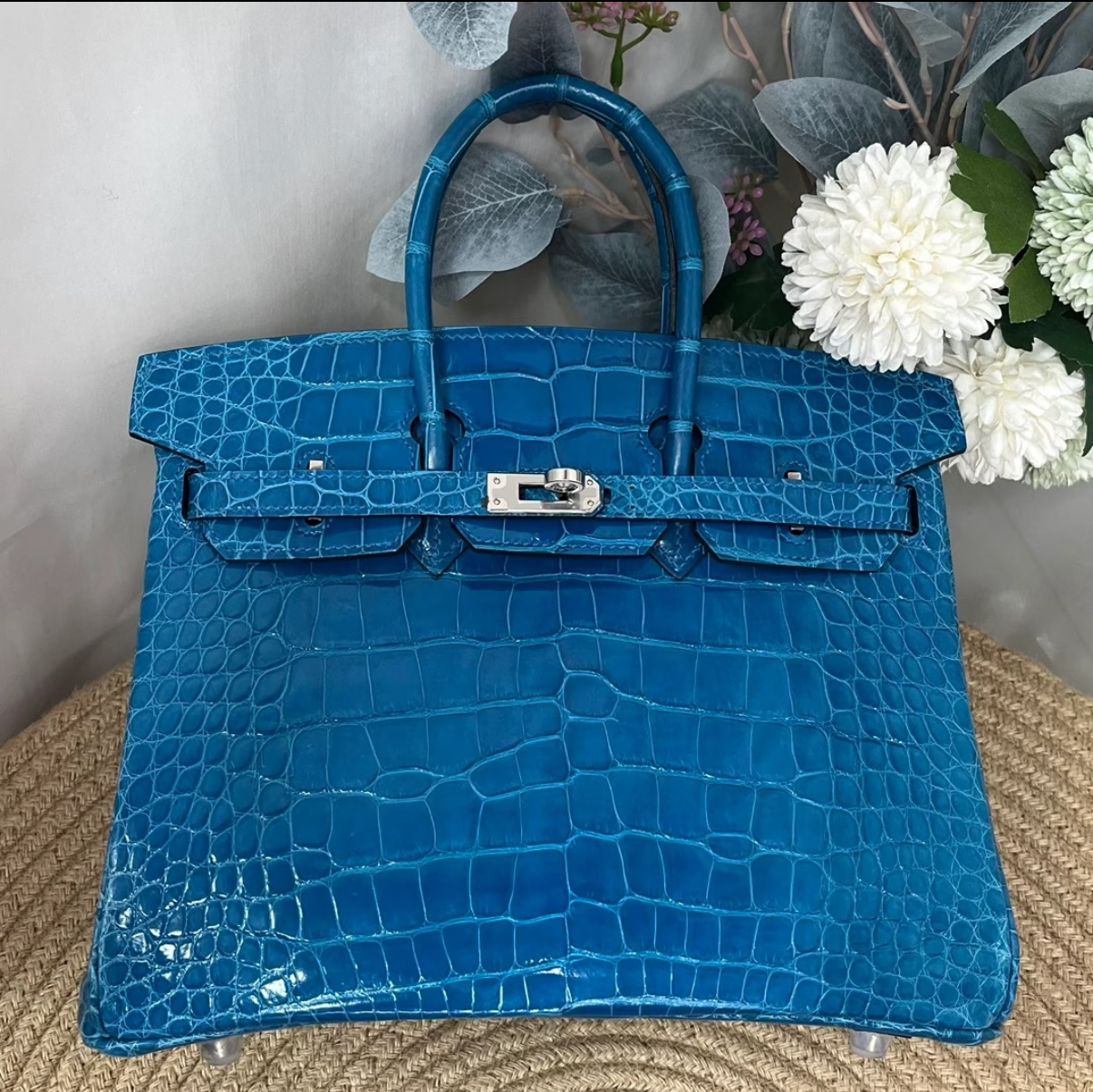 Hermès Brikin 25-30 Izmir Blue Shiny Crocodile Leather