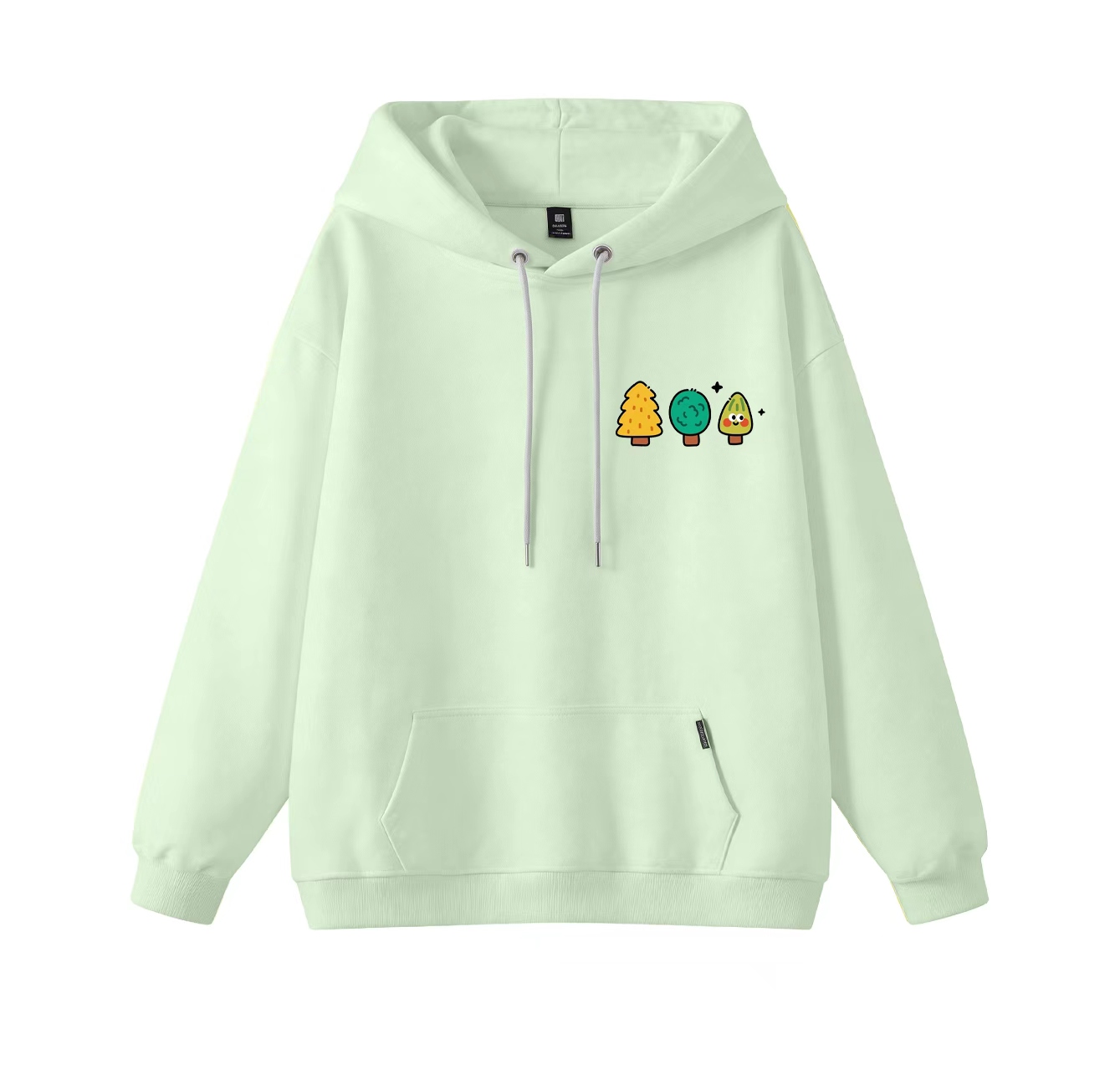This adorable hooded sweatshirt features a three-tree print and is a casual pullover. Its stand-up collar also makes it an ideal choice for winter wear.