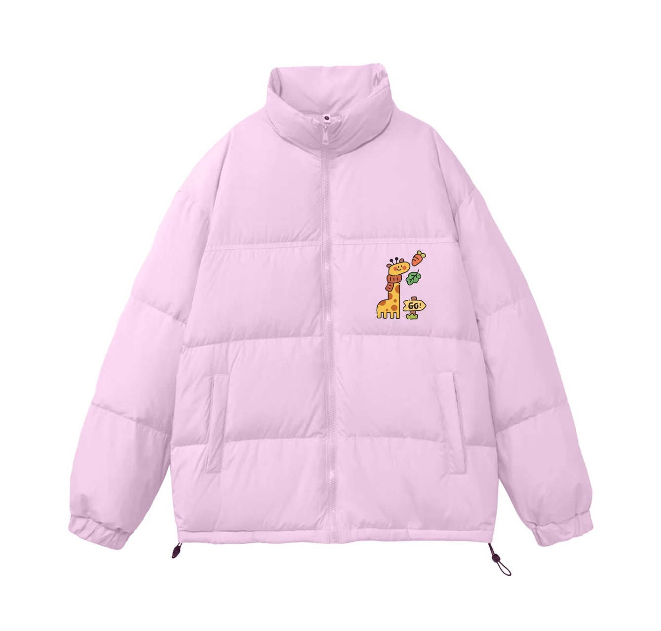 This down jacket, featuring a giraffe wearing a scarf, is a must-have for your summer wardrobe. Its stand-up collar also makes it perfect for winter wear.