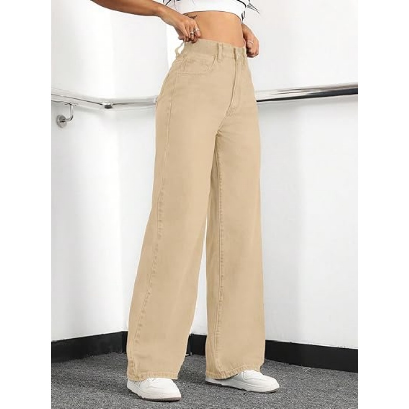 Women's High Waisted Stretchy Straight Leg Jeans, Loose Baggy Boyfriend Wide Leg Denim Pants