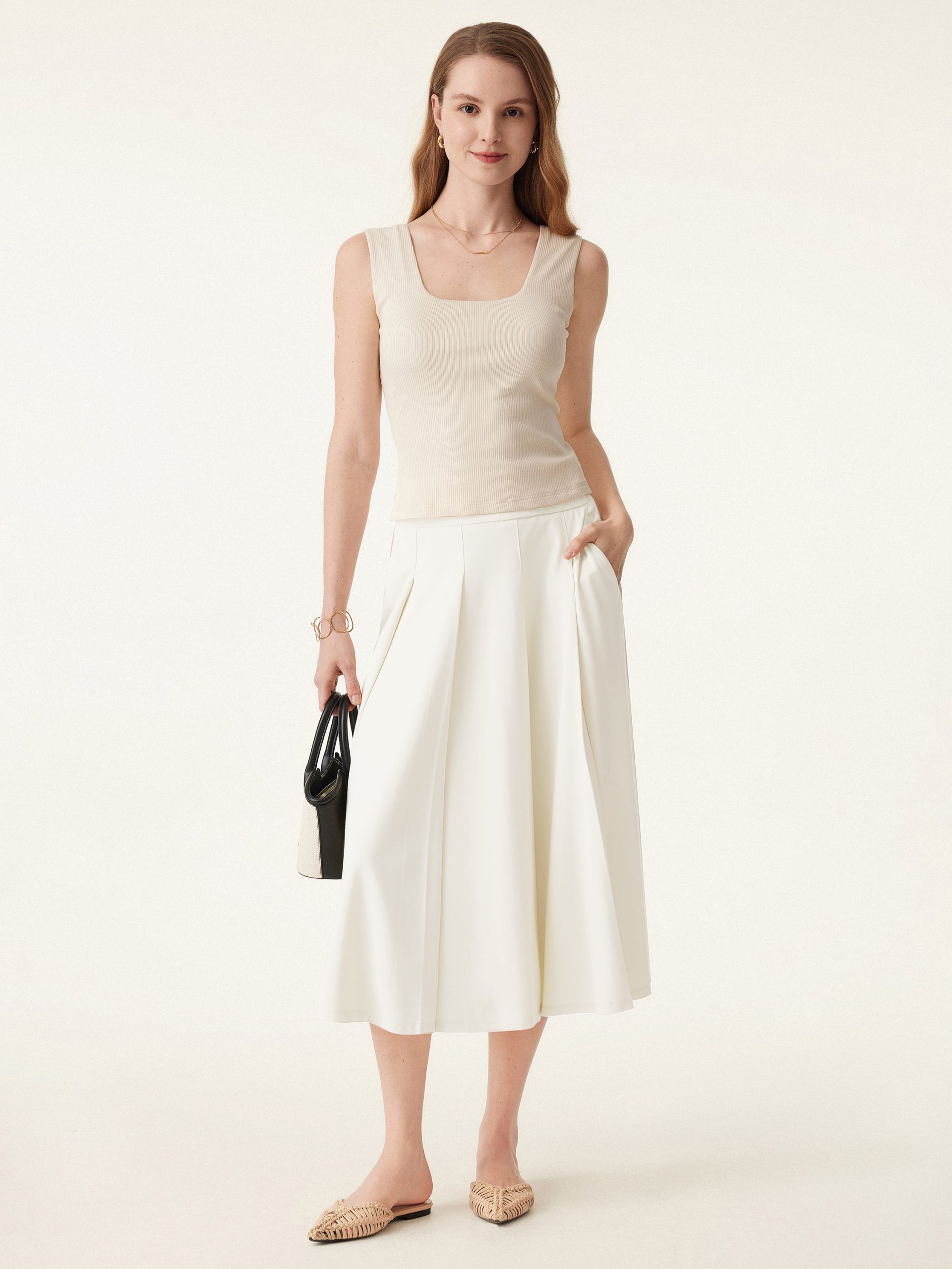 Bamboo Ponte Midi Peated Skirt with Pockets