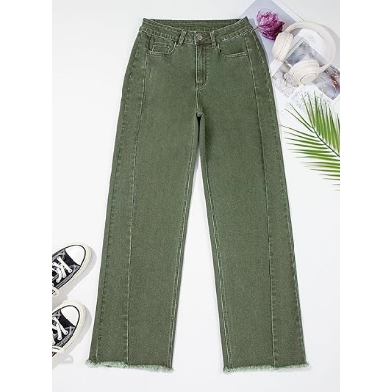 Women's High Waisted Stretchy Wide Leg Raw Hem Denim Jeans