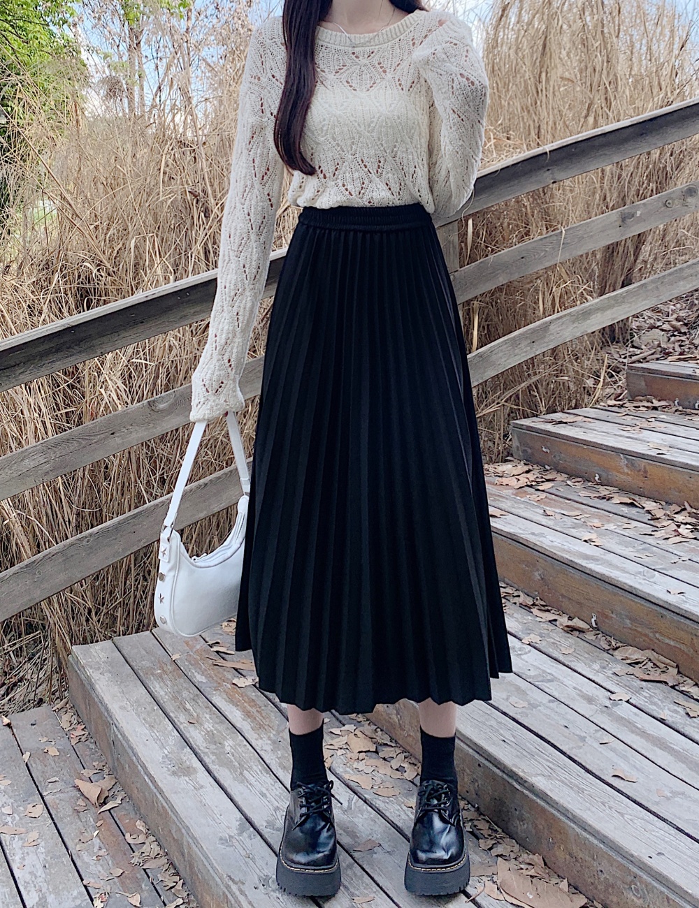 Slim fat high waist skirt autumn pleated long dress