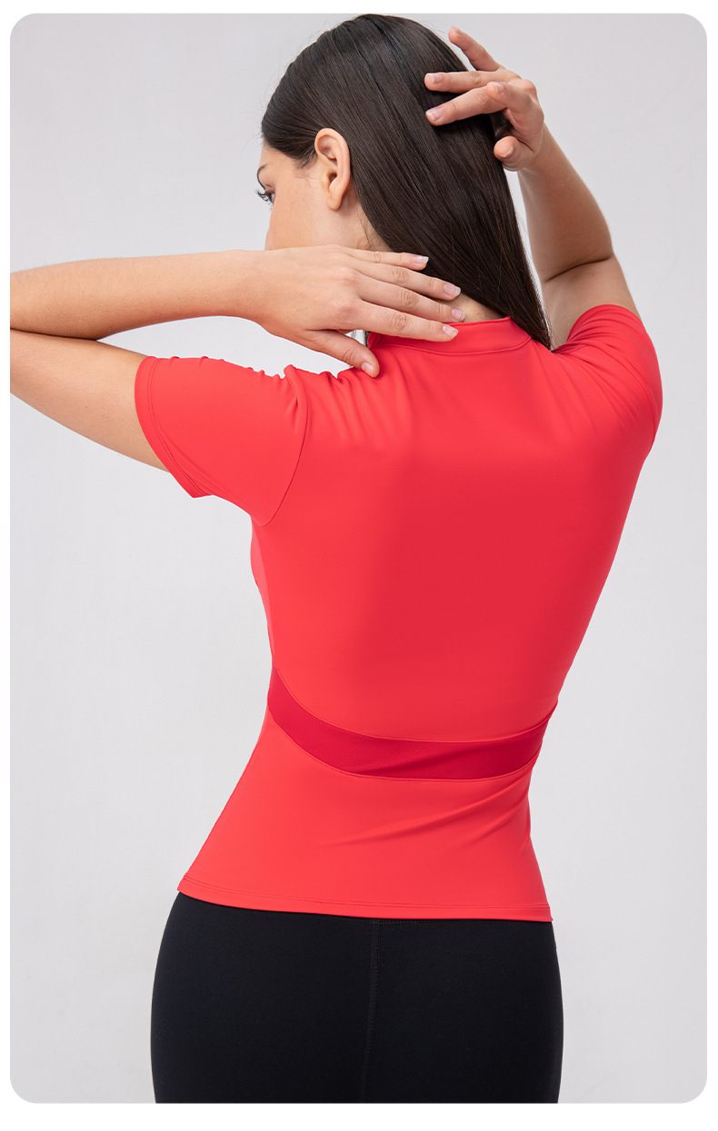 Chinese-style yoga short-sleeved top with padded chest, Lycra feel, high elasticity, tight fit, Pilates sports top