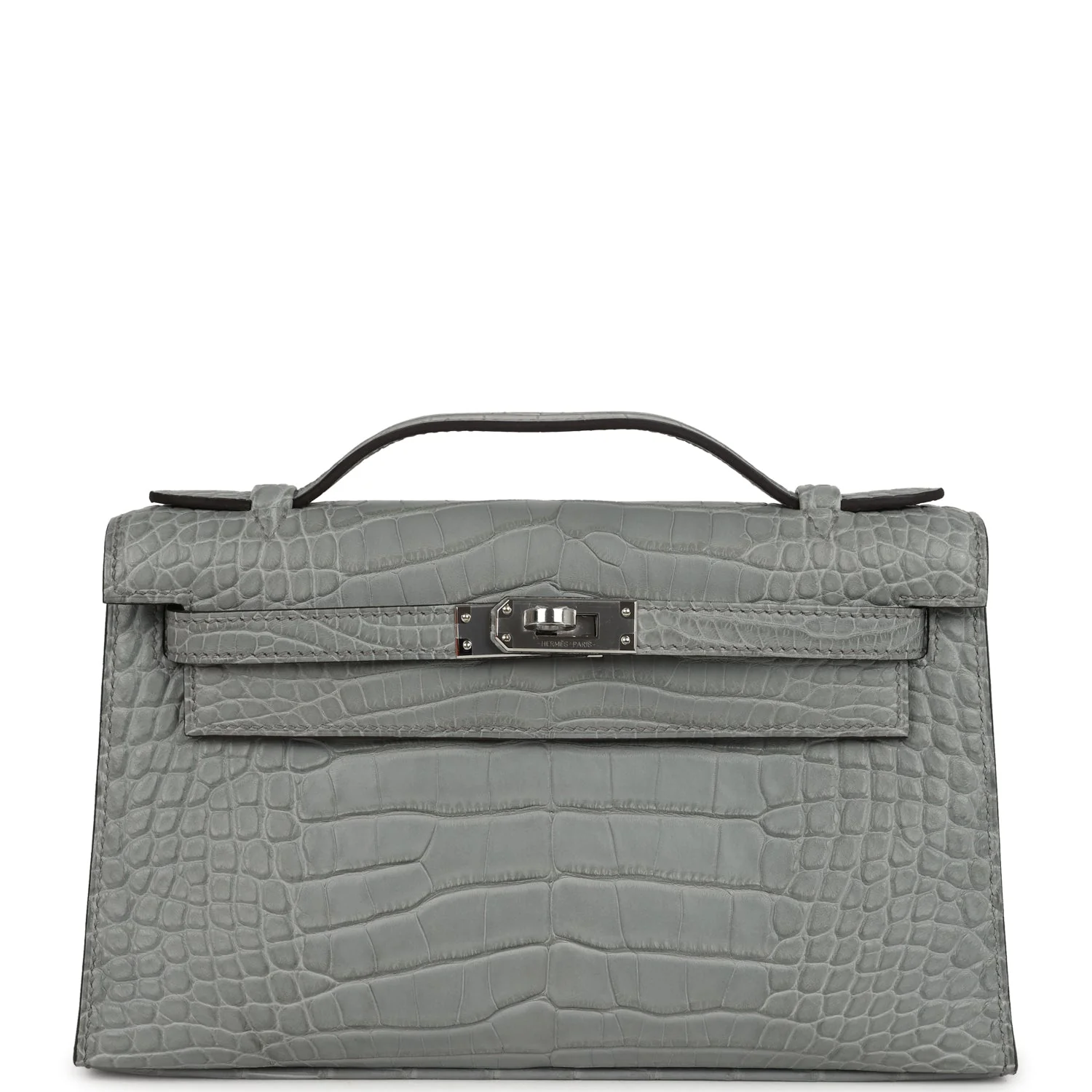 Hermes Kelly Pochette Gris Ciment Matte Alligator Palladium Hardware