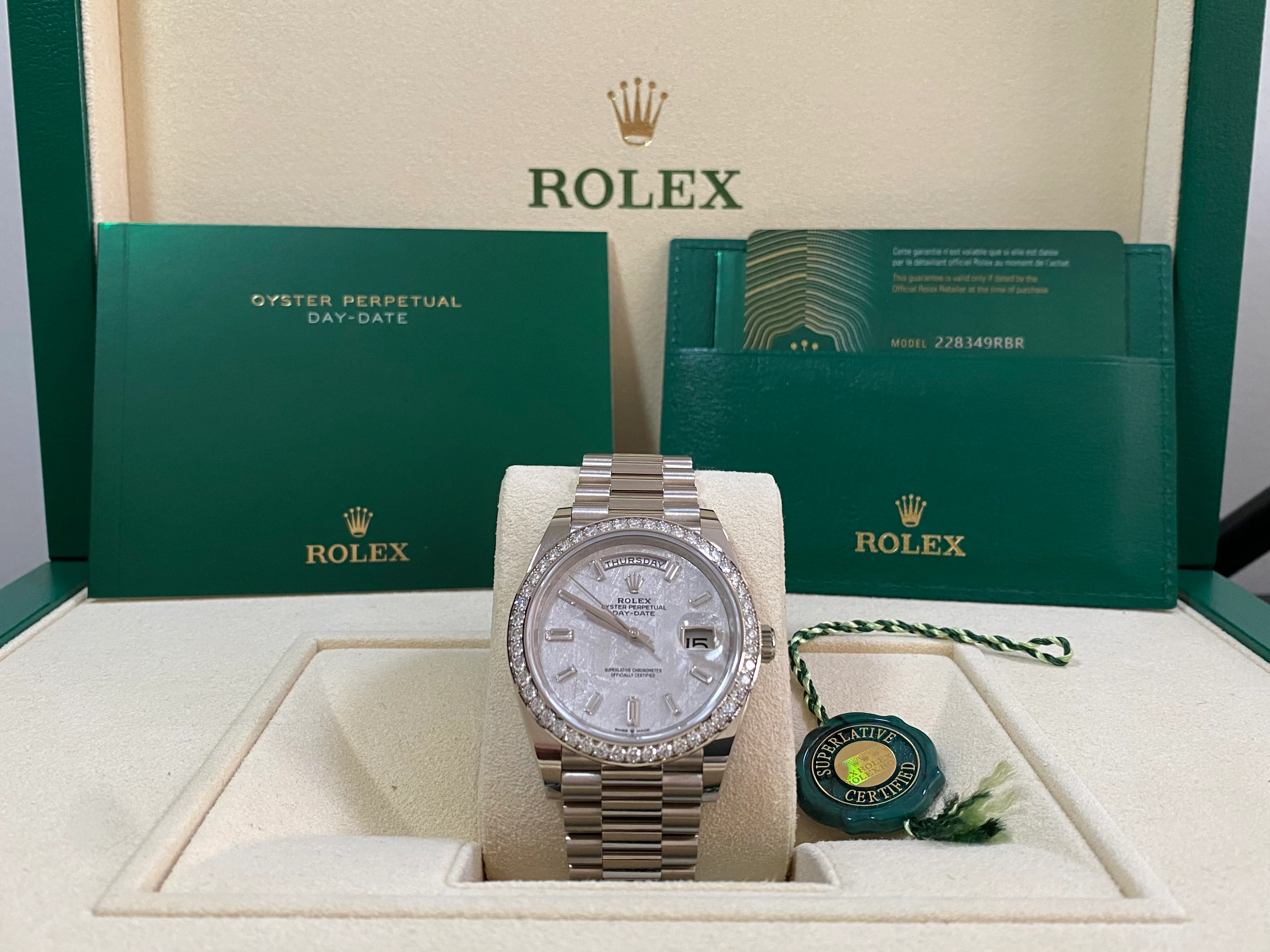 Rolex White Gold Day-Date 40 - 2022 - Diamond-Set Bezel - Meteorite Baguette Dial - President Bracelet - 228349RBR