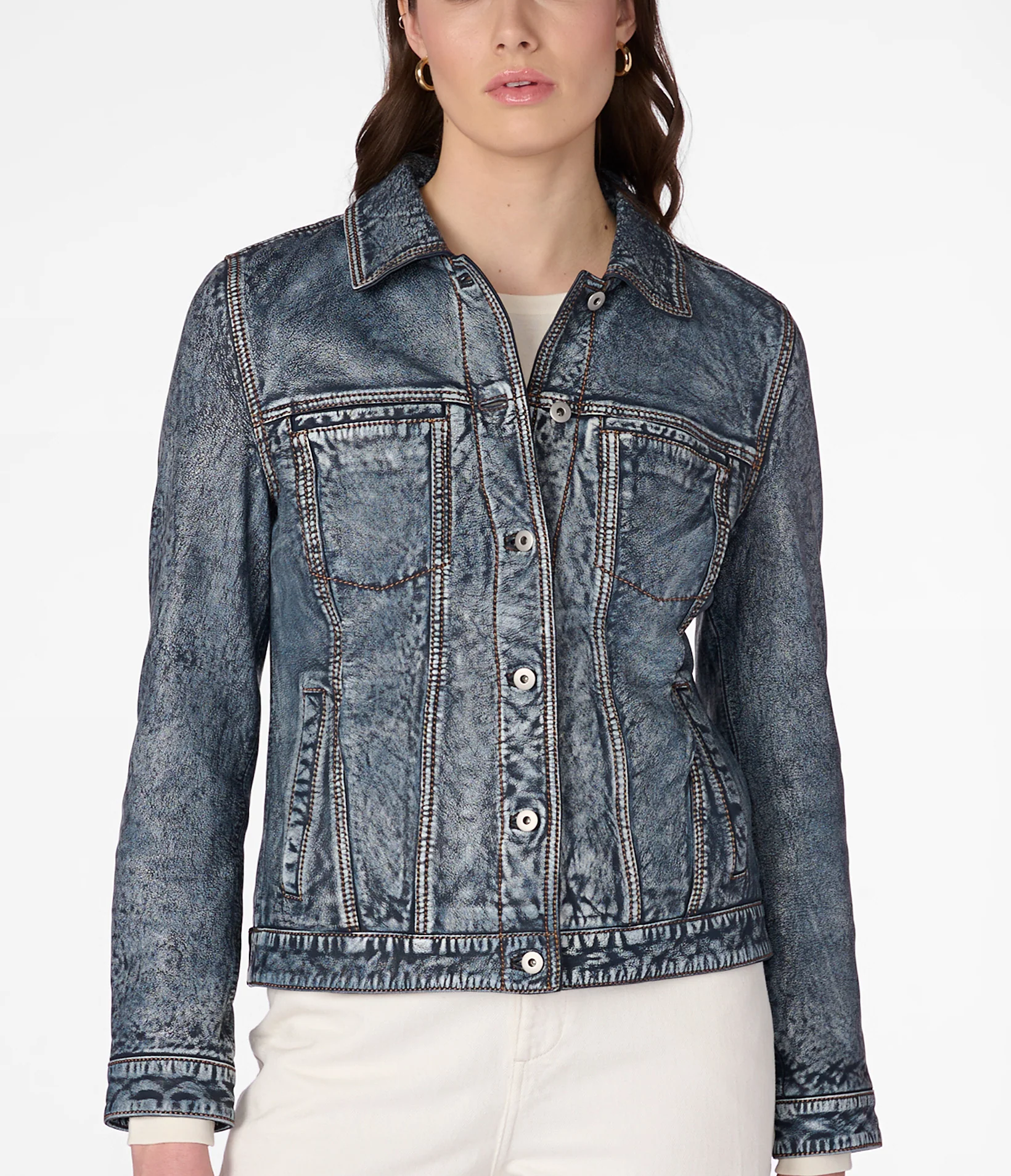 Faux Leather Spliced Denim Casual Outer Jacket