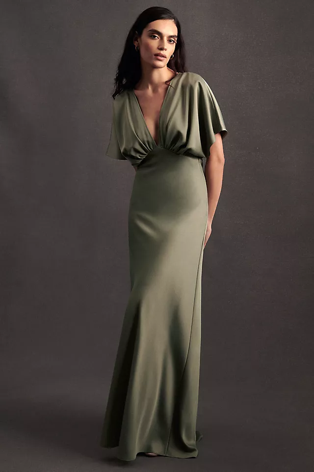 Deep-V Flutter-Sleeve Satin A-Line Gown MOSS