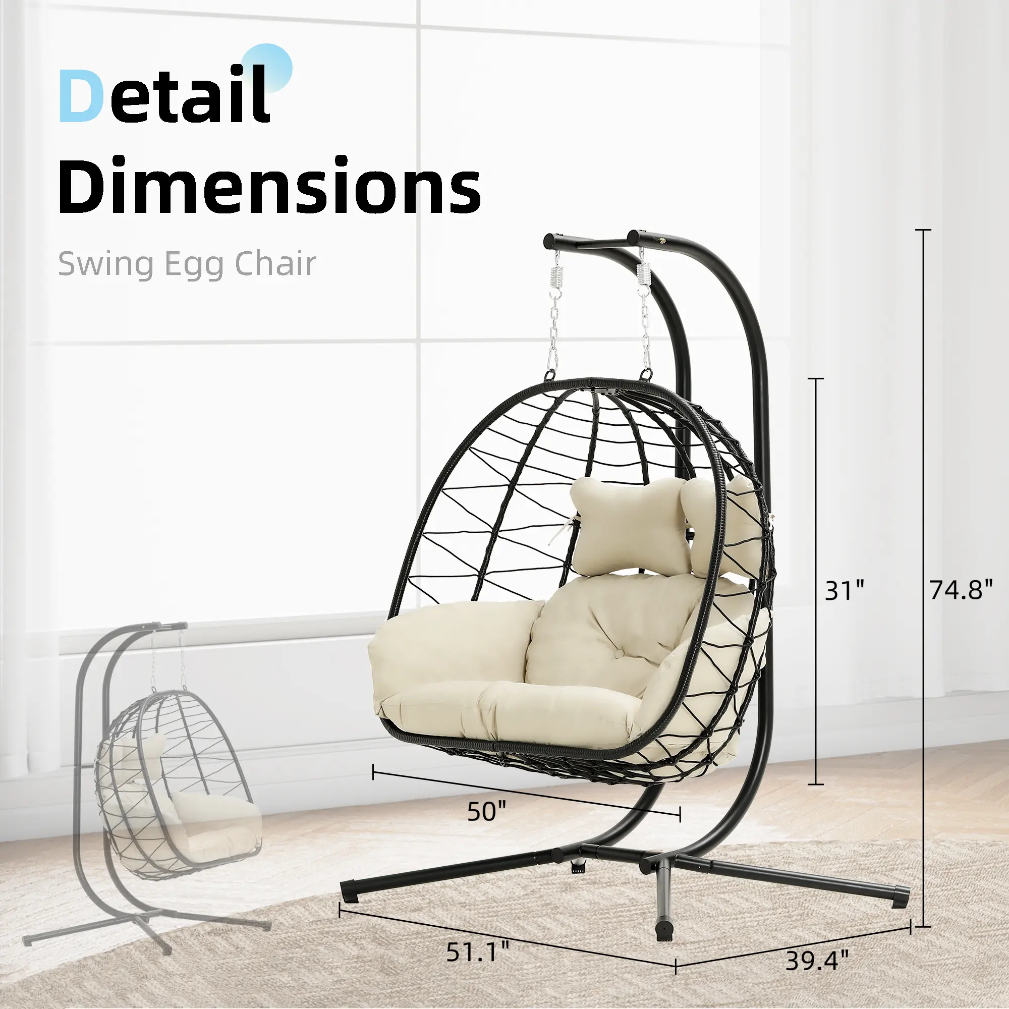 🔥Clearance Sale🔥Double Hanging Egg Chair – Outdoor Patio Swing Chair with Cushions & Stand
