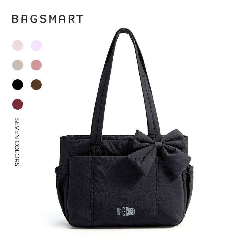 BAGSMART Crush Everyday Tote Bag for Women, Lightweight Tote Bag Casual Handbags for 14-Inch Laptop, Travel, Work, Beach, Gym, Shop, Black