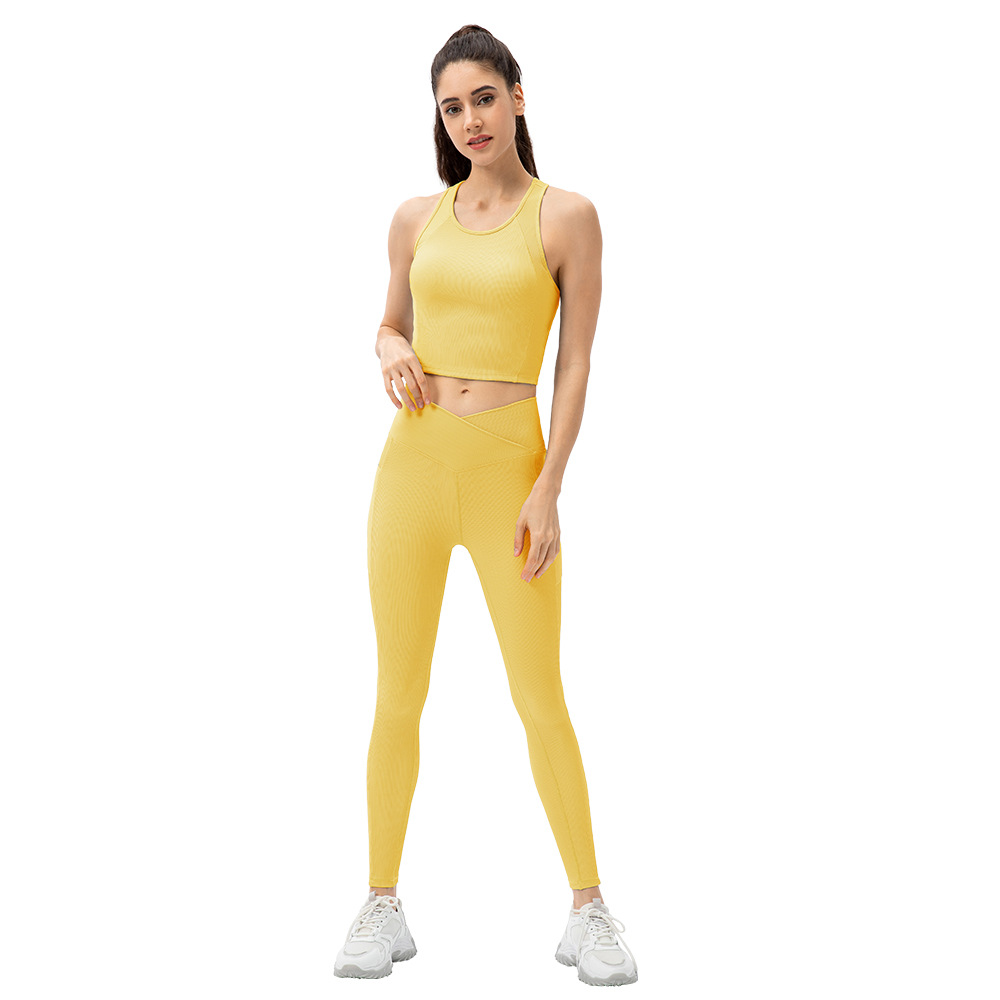 New women's high-waisted yoga pants with pockets, hip-lifting, slimming, and cross-waistband sports fitness pants