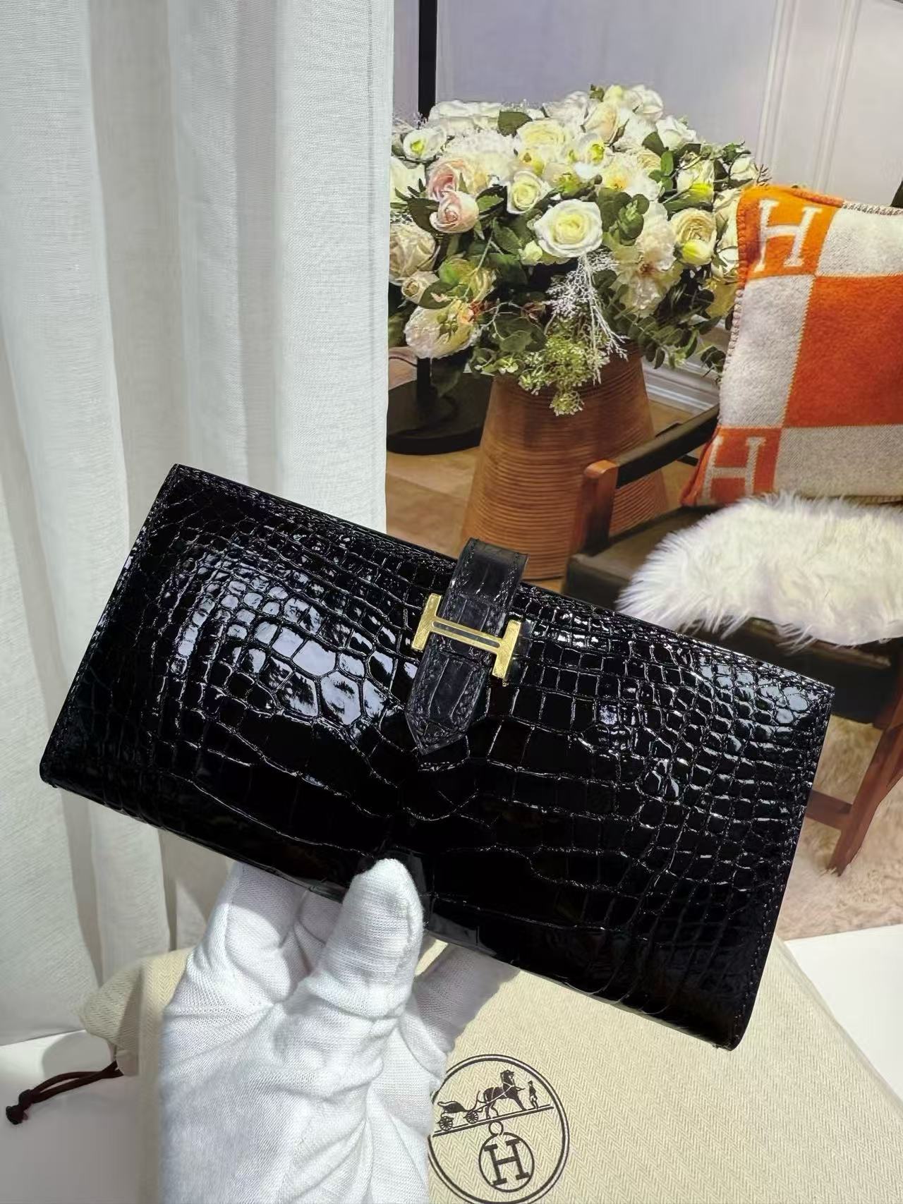 Hermes bearn  Black gold long wallet, American crocodile skin