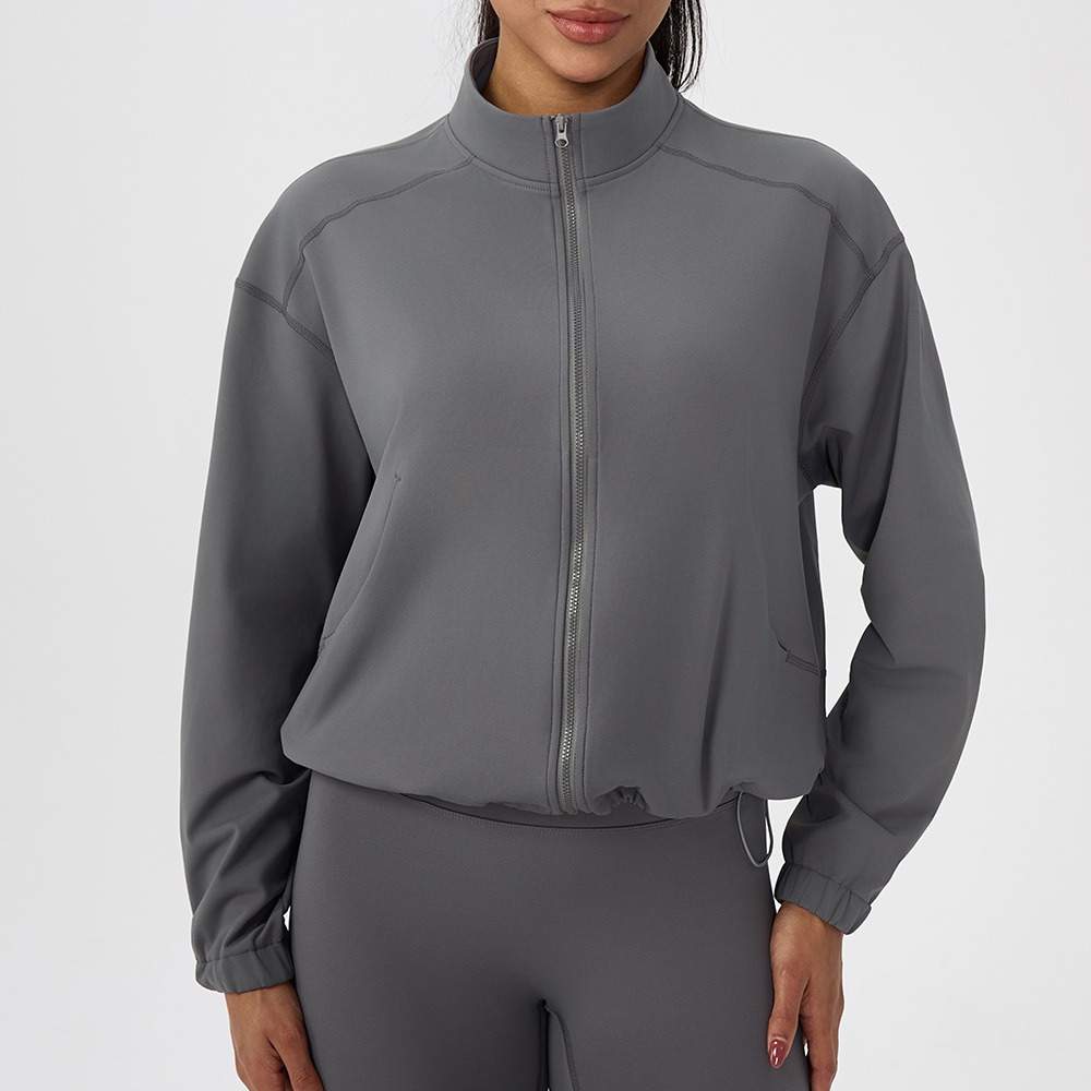 Women's Autumn/Winter Fleece-Lined Yoga Jacket, Loose-fitting Stand Collar Zipper Warm Outdoor Fitness Sports Top