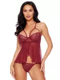Escante Burgundy Underwire Lace and Mesh Cami Set