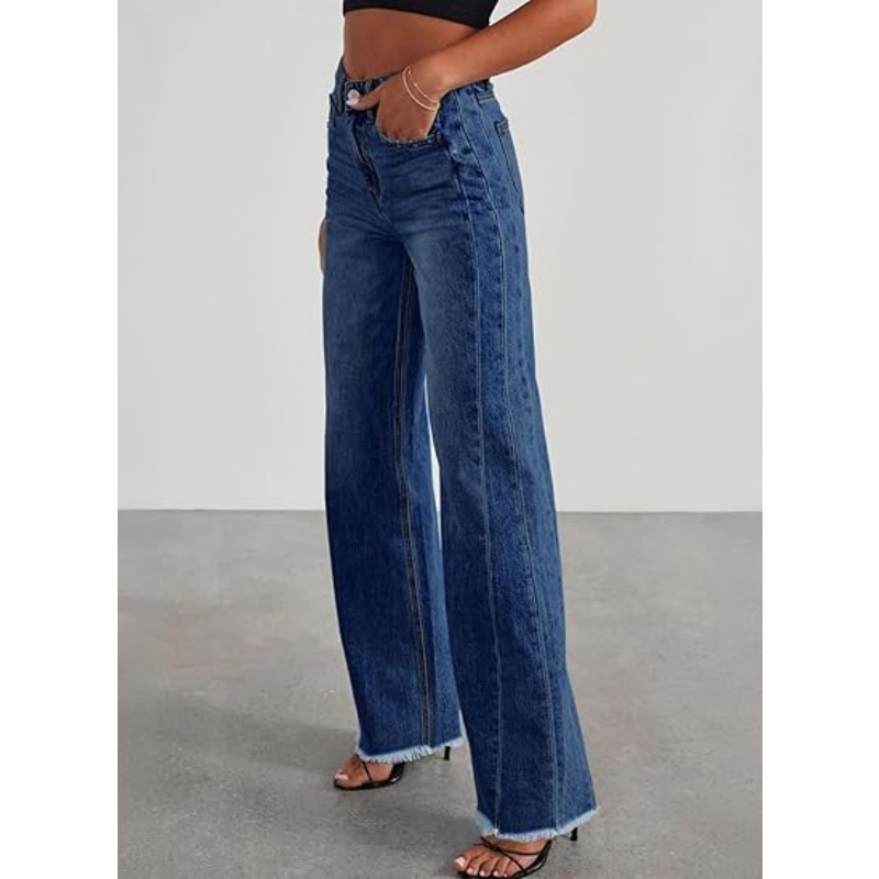 Women's High Waisted Stretchy Wide Leg Jeans, Raw Hem Denim Pants