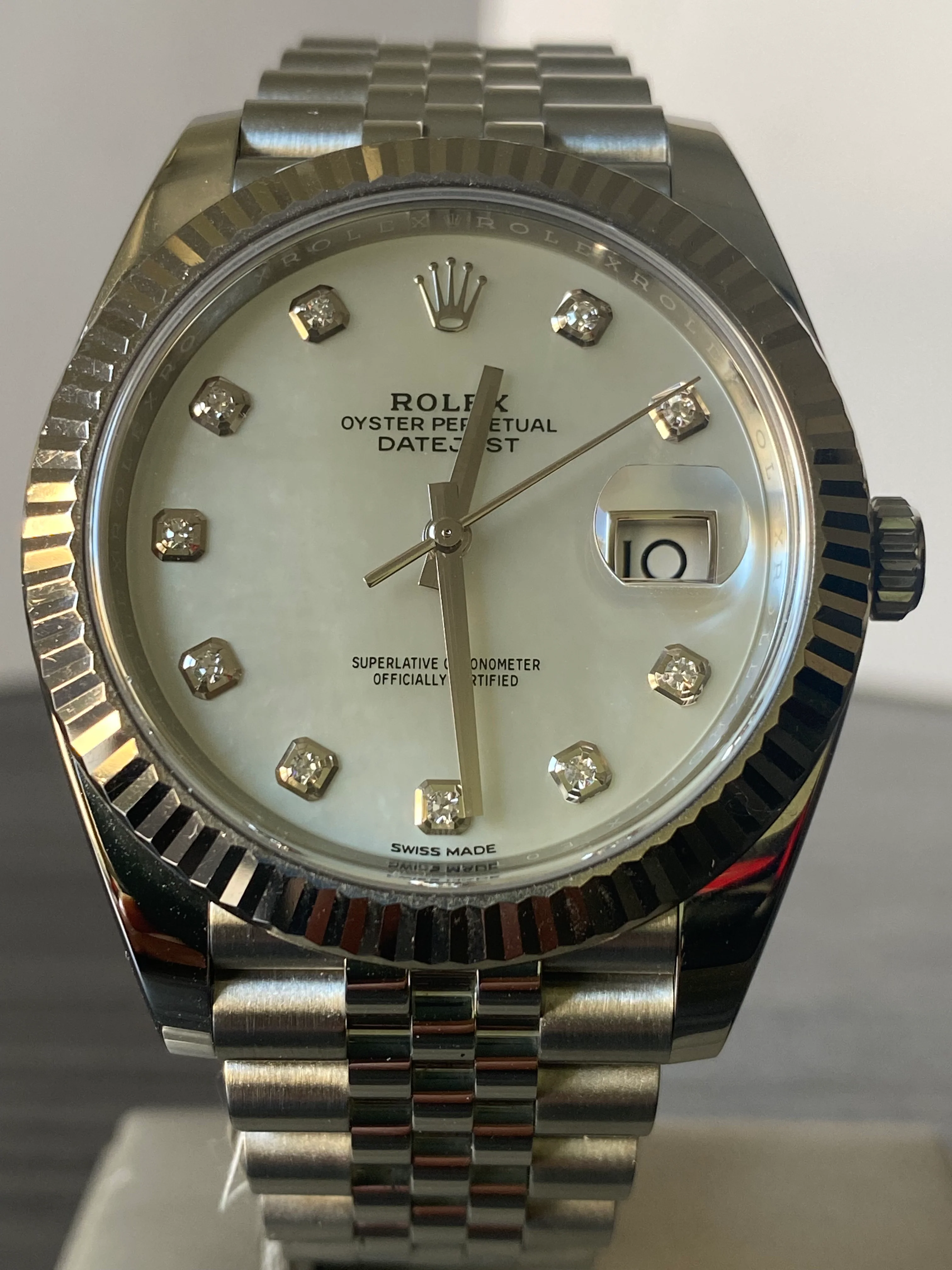 Rolex Steel and White Gold Rolesor Datejust 41 - 2018 - Fluted Bezel - White Mother-Of-Pearl Diamond Dial - Jubilee Bracelet - 126334