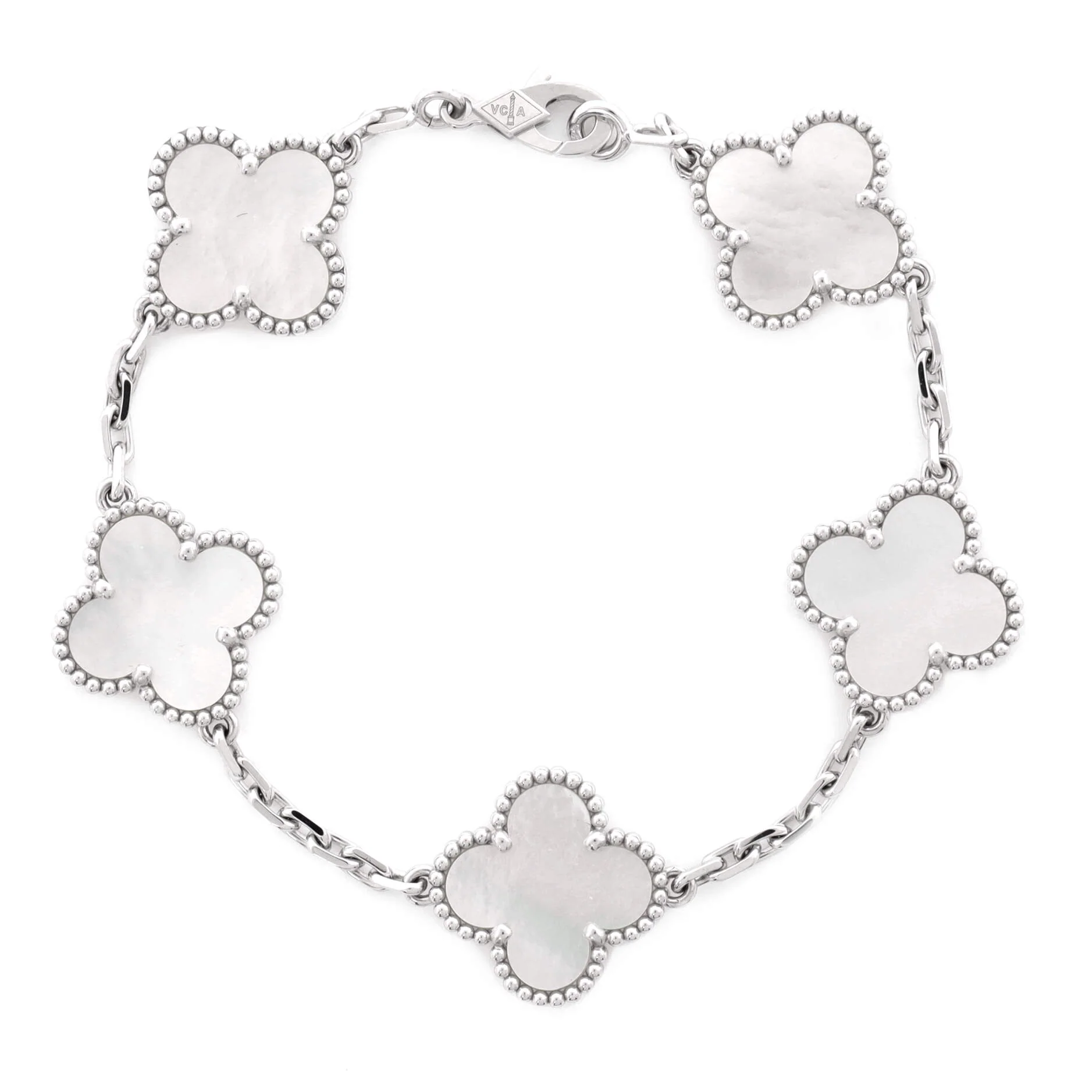 Vintage Alhambra 5 Motifs Bracelet 18K White Gold and Mother of Pearl