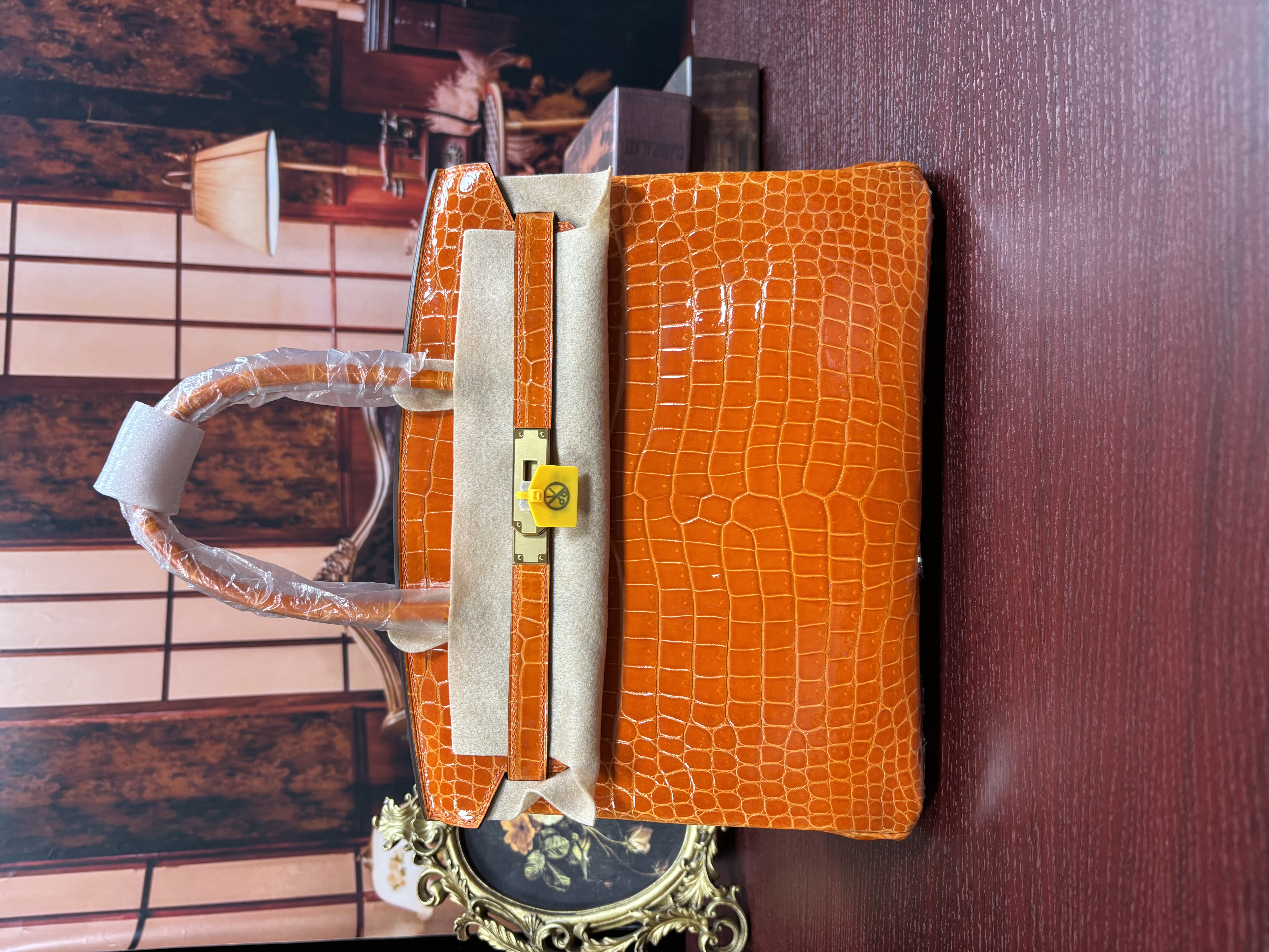 Birkin 25–30 orange glossy crocodile leather gold hardware Custom - Artisantouchss