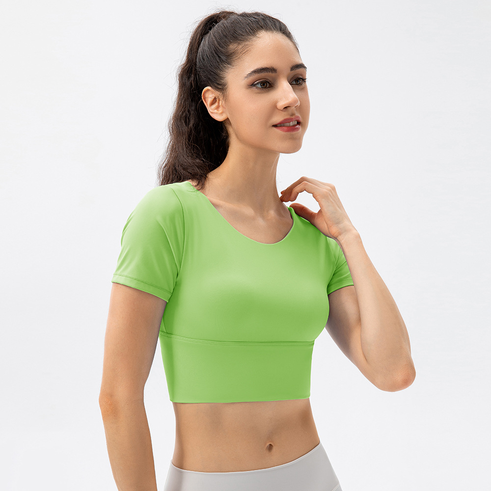 Nude Yoga Short-Sleeve One-Padded Chest Pad Medium Intensity Training Sports Top with Open Back Fitness T-Shirt