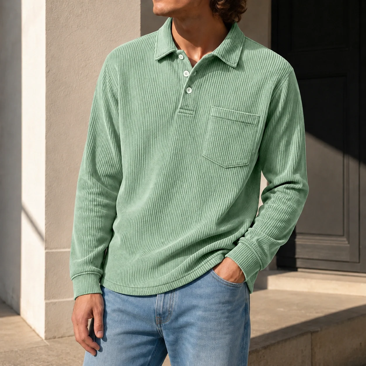Mivanity Men's Simple Daily Pitted Textured Lapel Long-sleeved Polo Shirts
