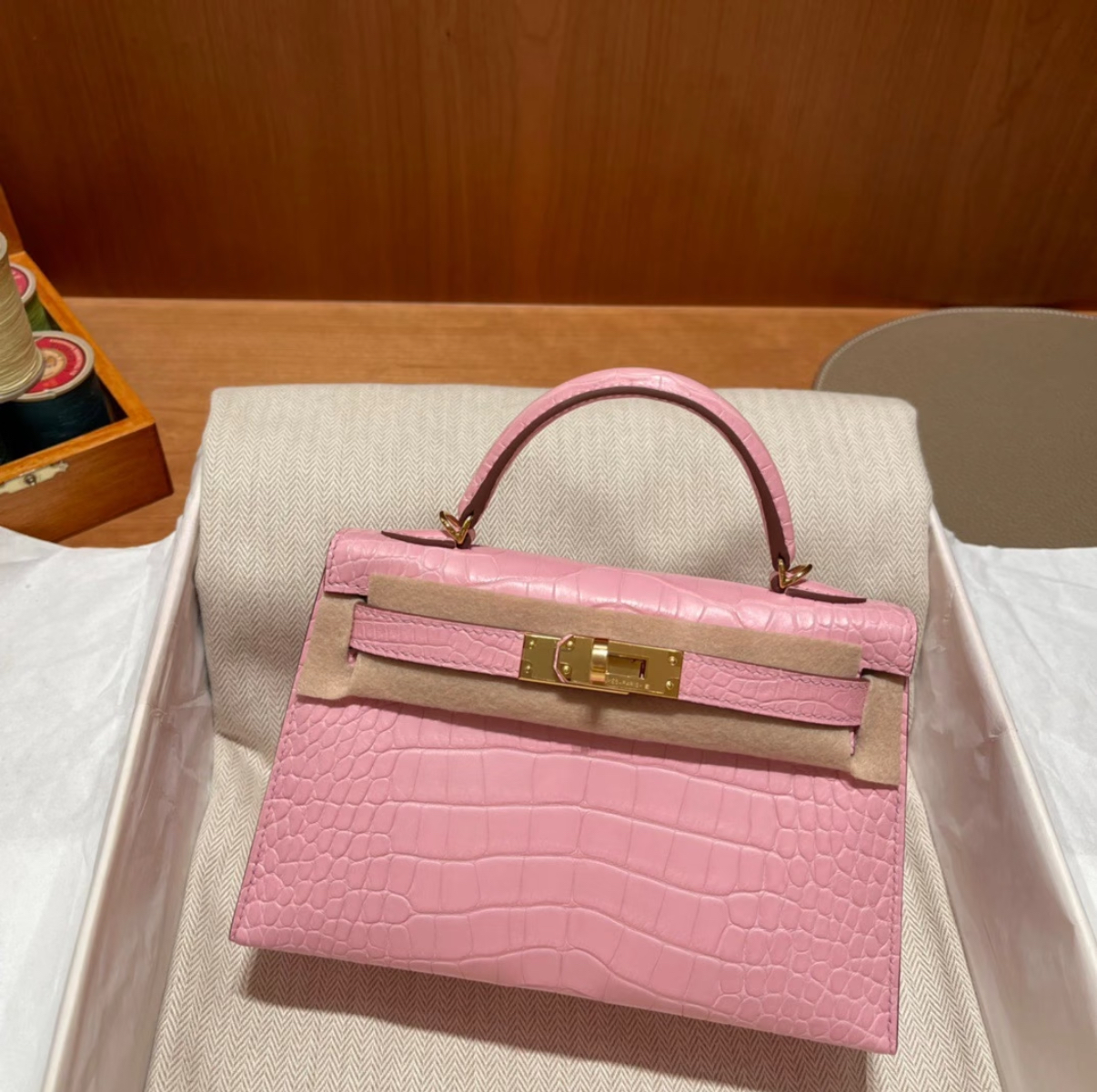 Hermès Kell mini 2 light pink Matte crocodile leather custom